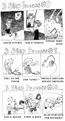 3 step processes [image]: 1) Write a poem-Buy a mirror-Smash them both. 2) Call on the phone-Say 'whut'-Throw it halfway across the room. 3) Buy a guitar-Start a band-Go on tour with 'The Assholes'