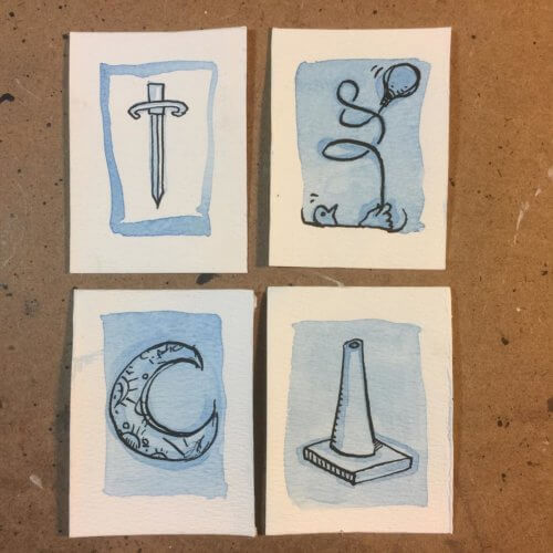 Sword, Balloon, Crescent, and Traffic Cone ink watercolor drawings Michael Herring