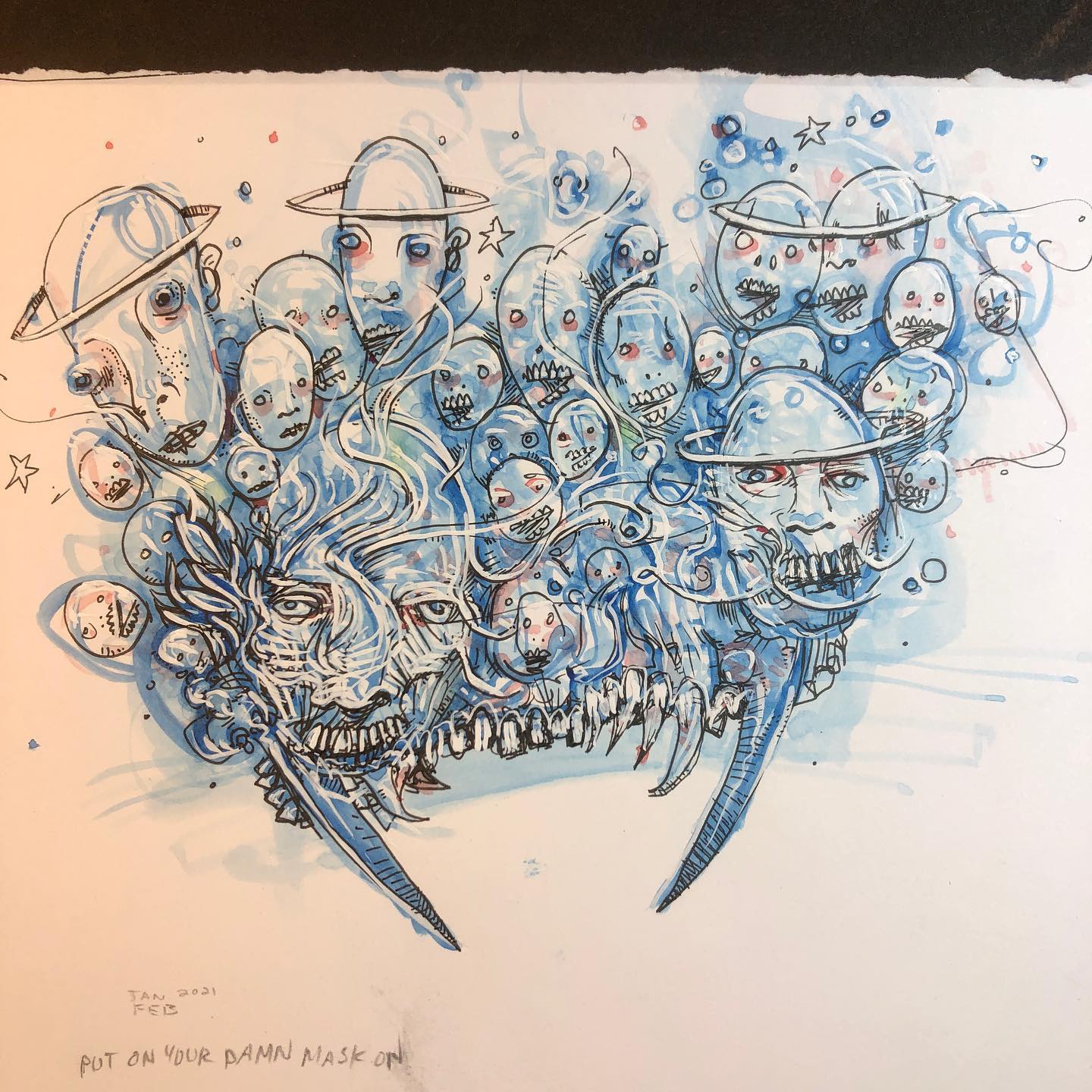 Put On Your Damn Mask On - watercolor and ink drawing of skulls breathing