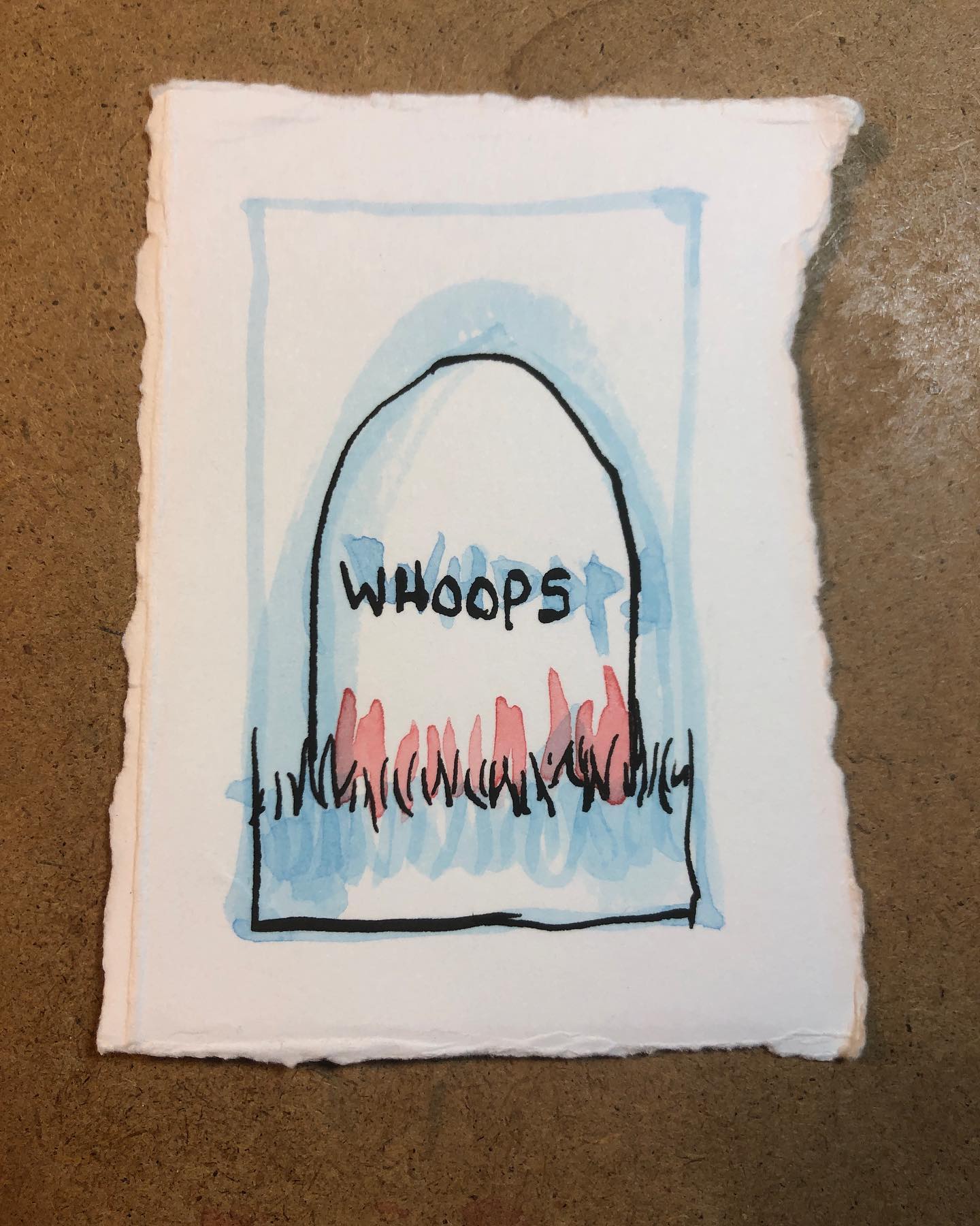Watercolor and ink drawing of a gravestone that reads 'WHOOPS'