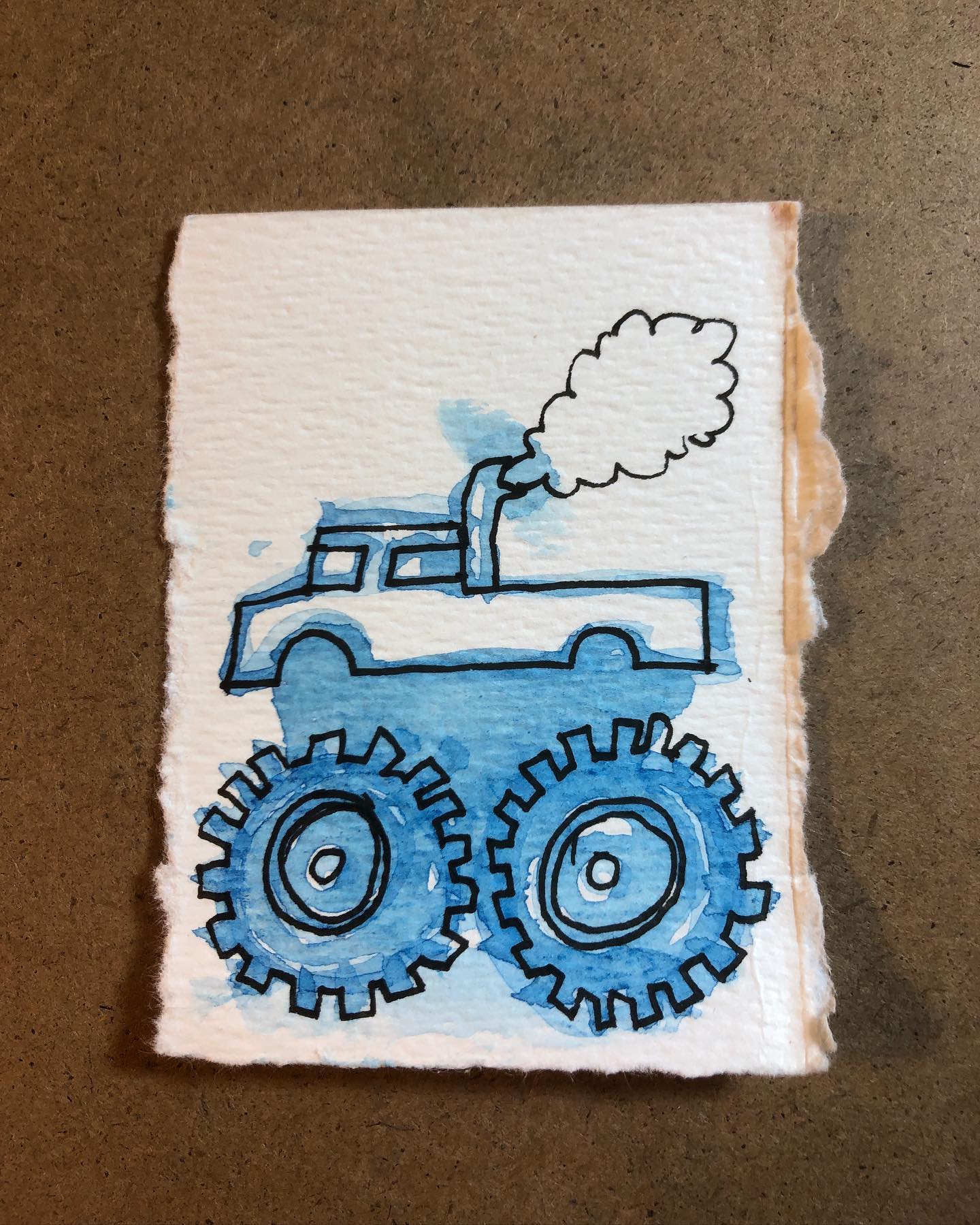 Watercolor and ink drawing of a truck with oversized tires and excessive exhaust out of a vertical pipe