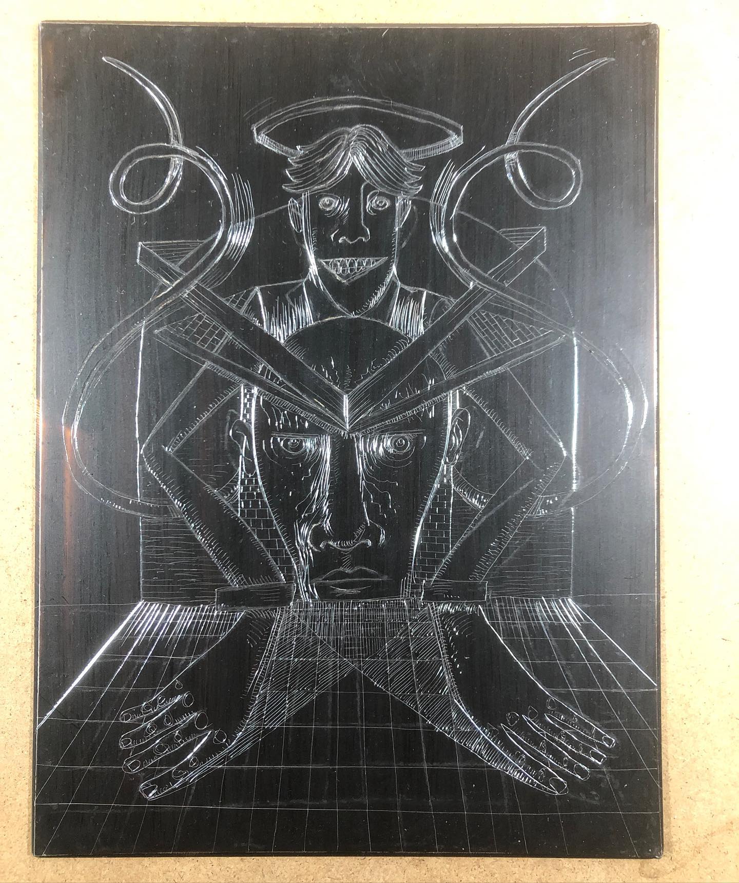 Scratched-off hardground on a zinc plate for etching / Image is a symmetrical composition of two heads and two hands