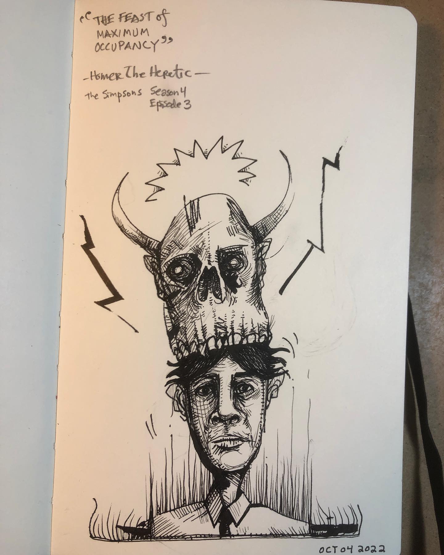 Ink drawing of a skull munching on the head of a human