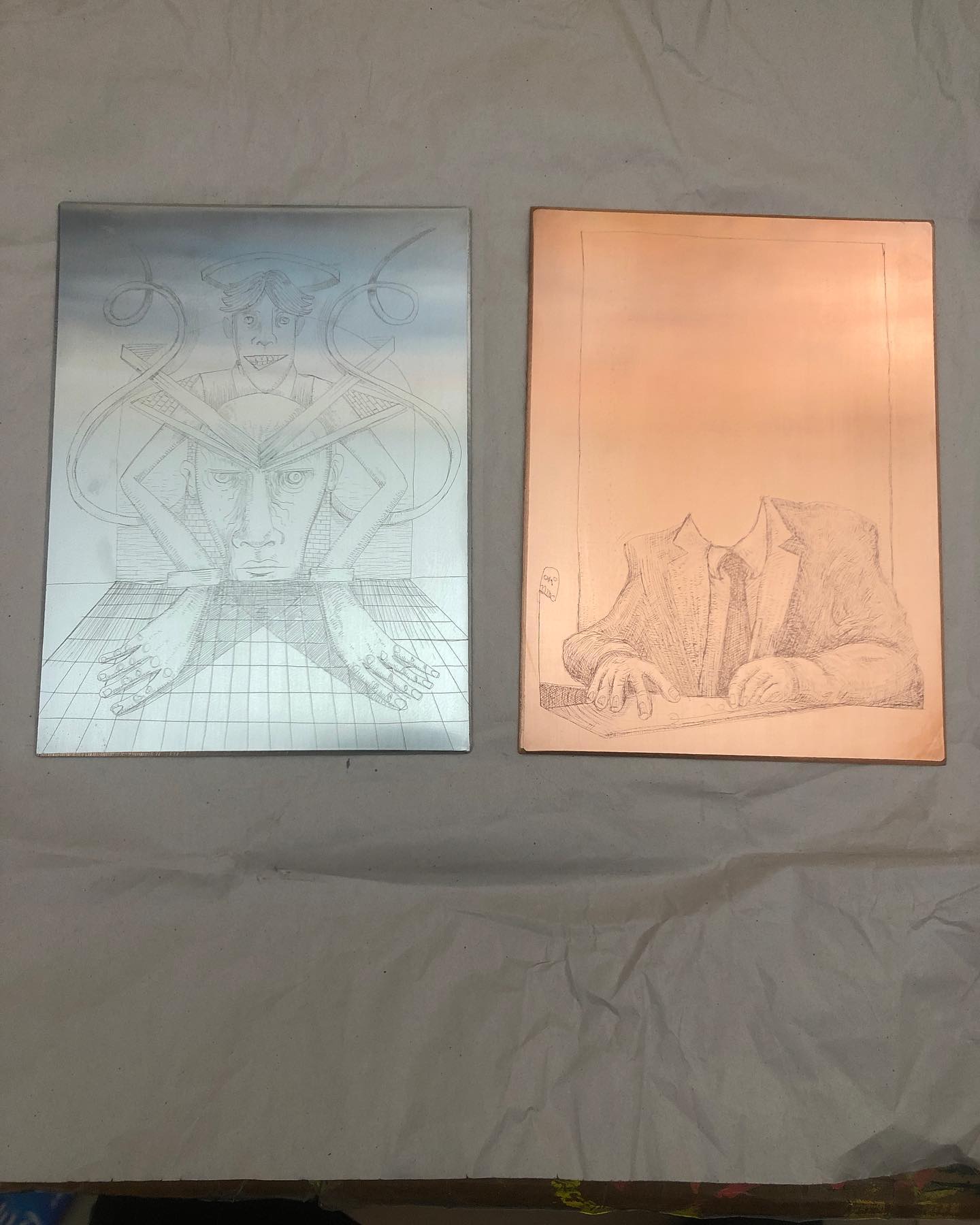 Two etching plates, zinc and copper