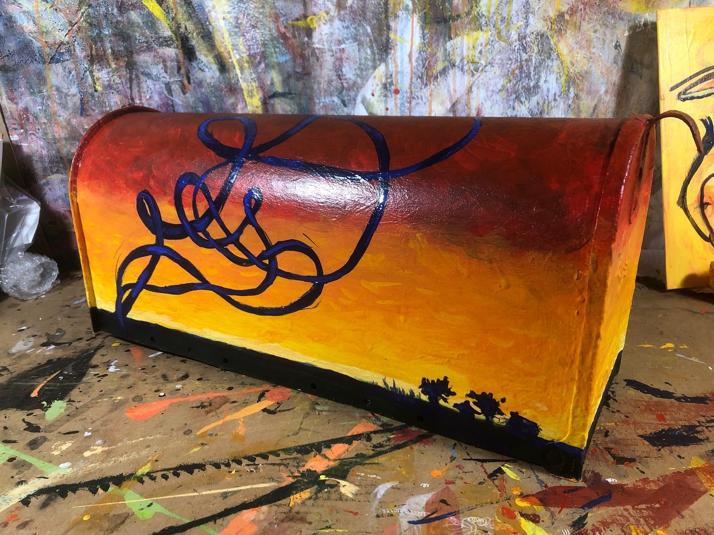 Acrylic painting of a sunset behind some wild wirey shit on a mailbox