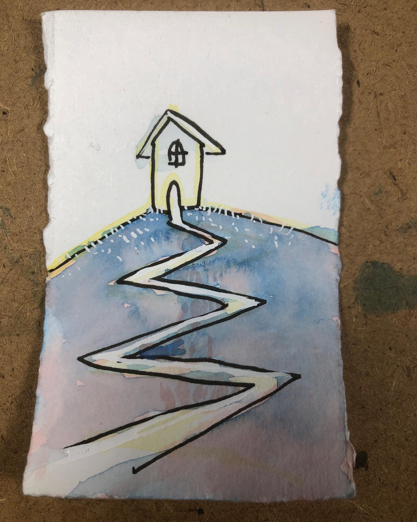A House Upon A Hill - tiny ink and watercolor drawing