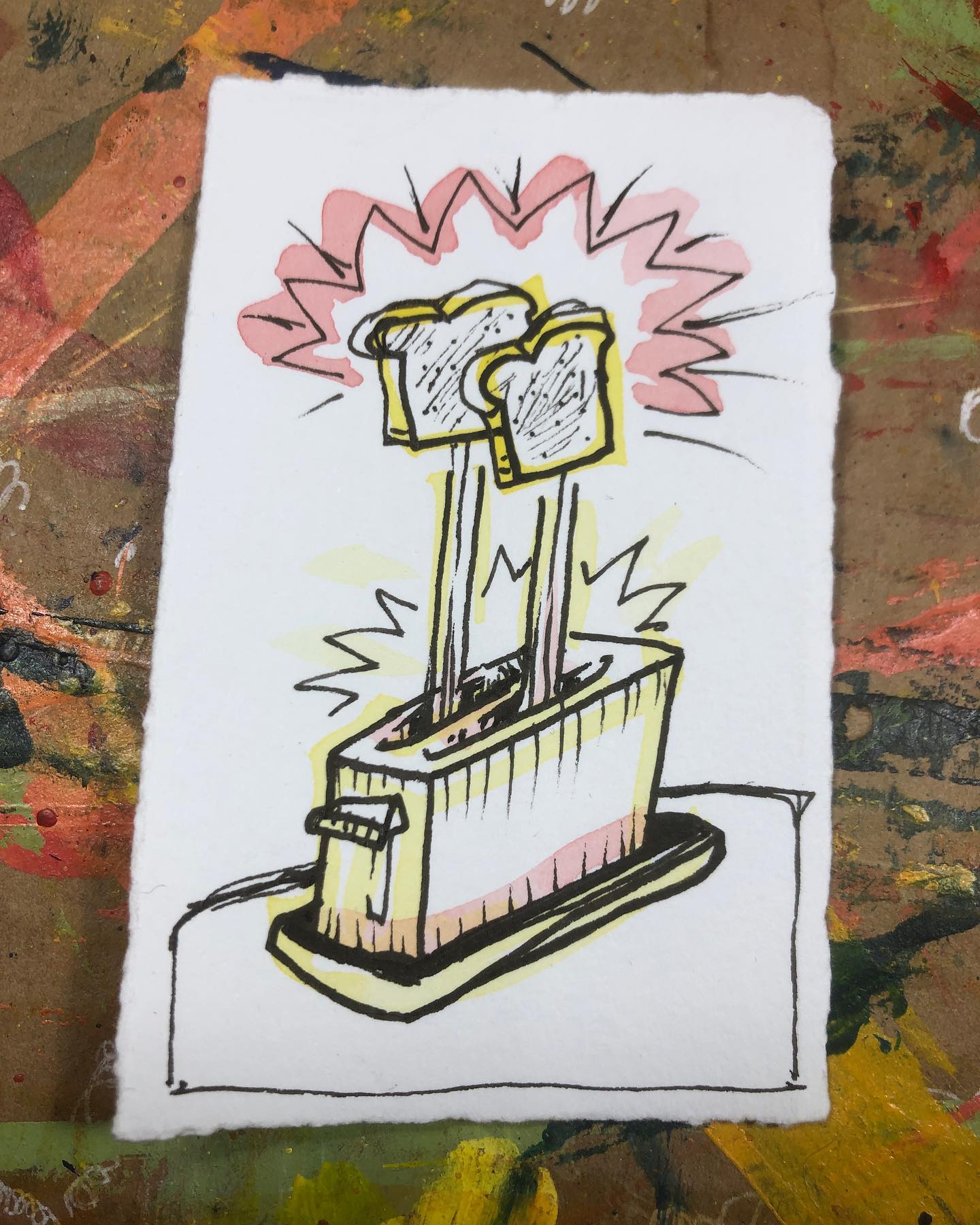 Ink drawing of some toast getting TOASTED popping outta the toaster