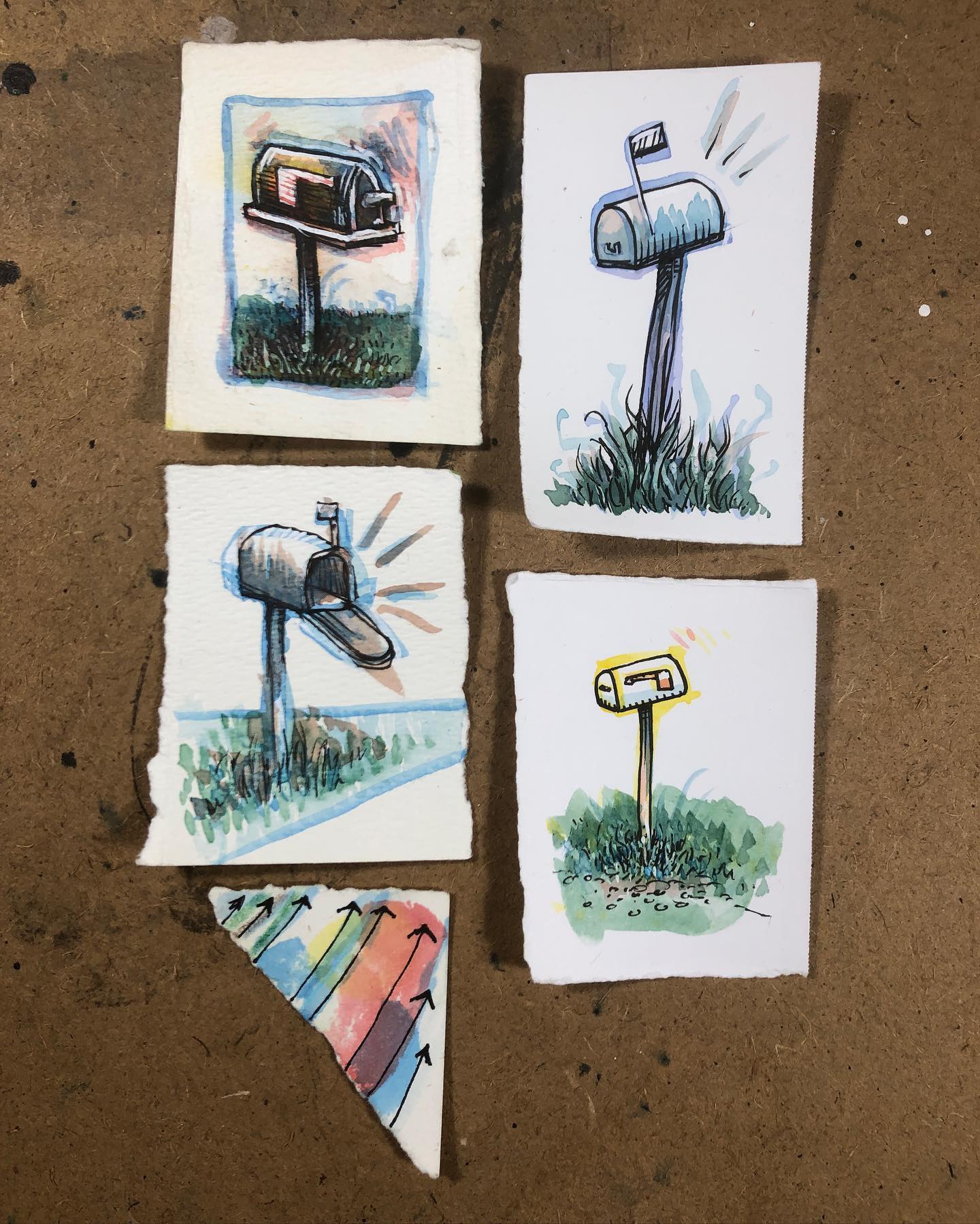 Four mailboxes drawn with ink and watercolor