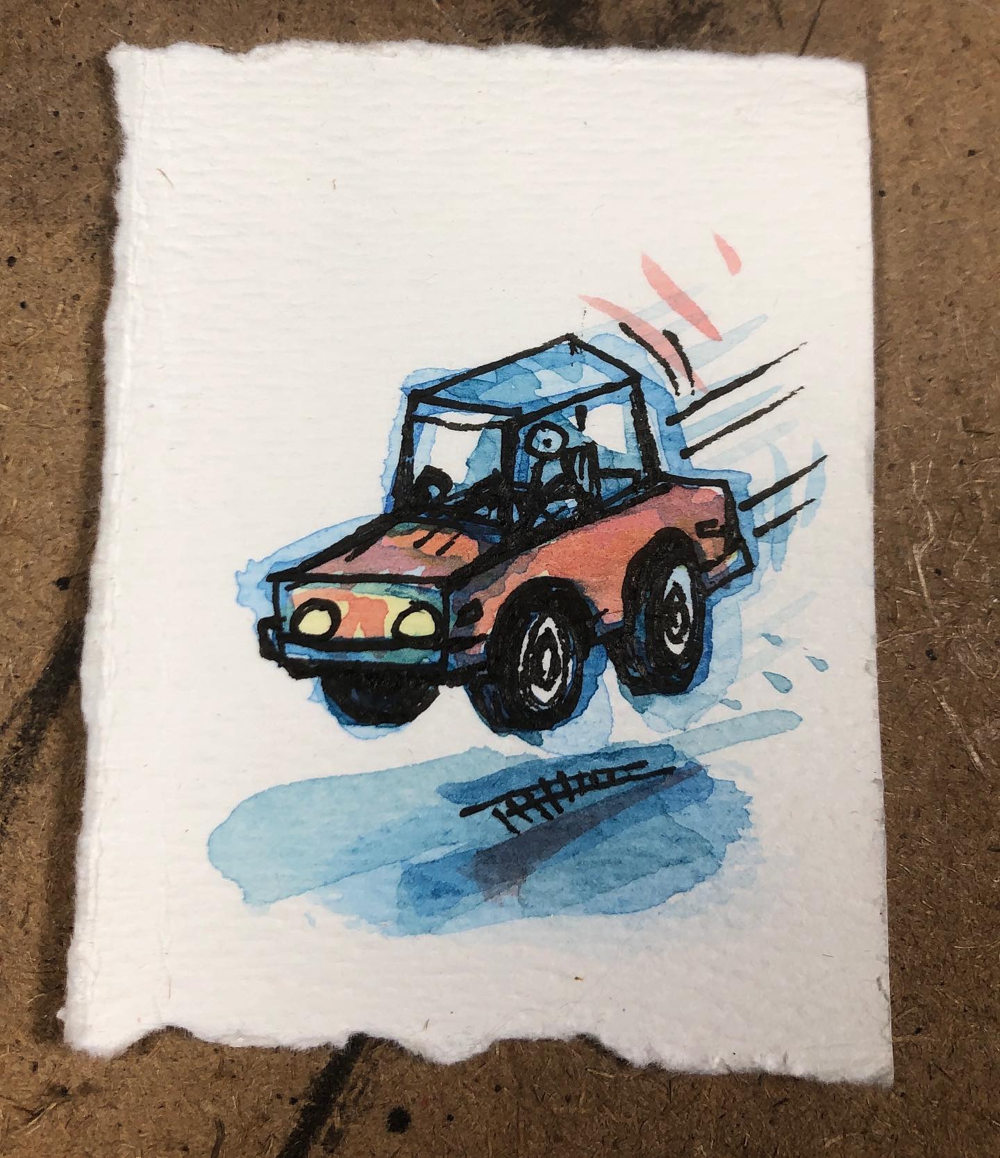 Vehicular Commuter - tiny ink and watercolor drawing of a bouncing and fast moving automobile