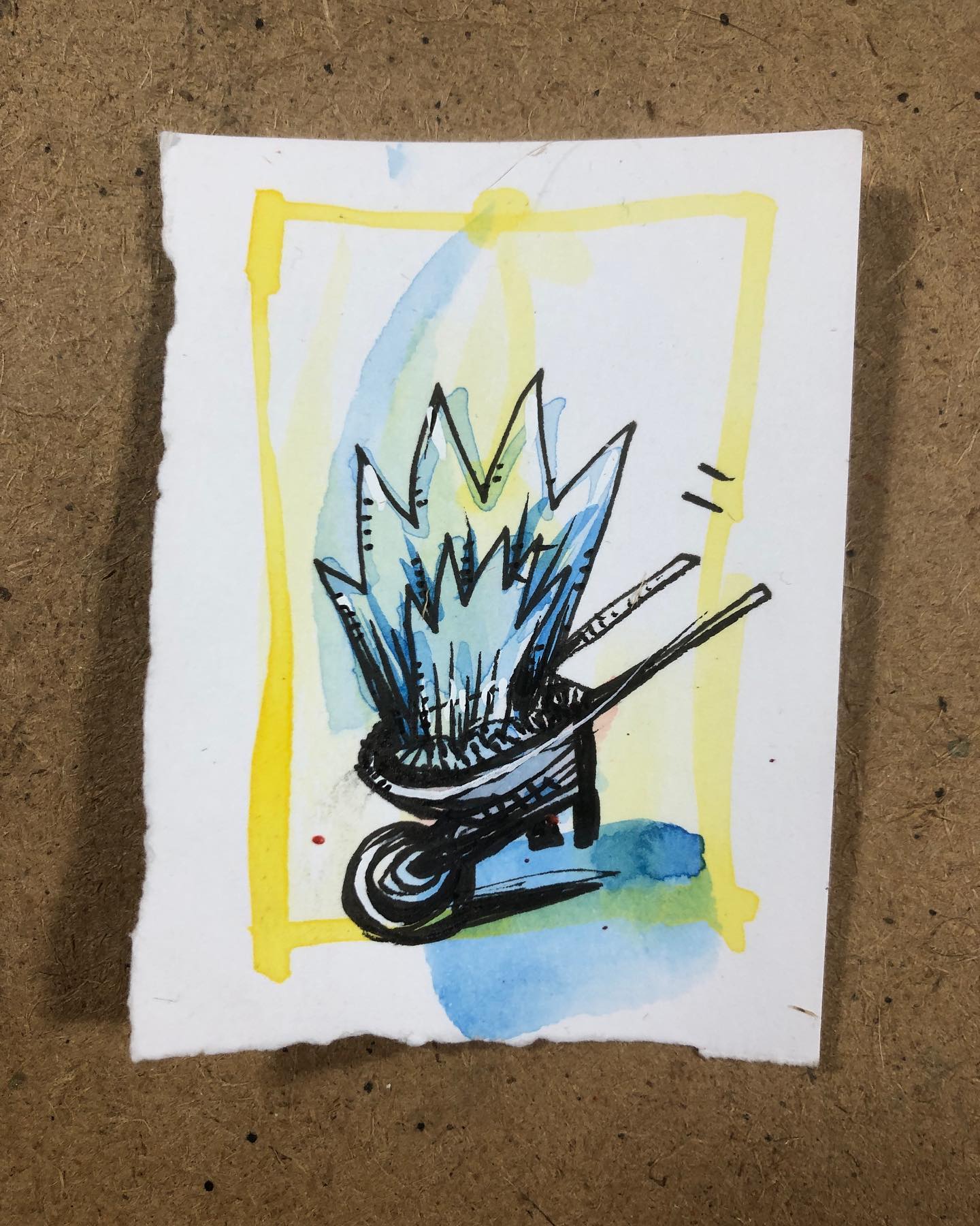 Wheelbarrow Full of Zazz - tiny ink and watercolor drawing of a wheelbarrow transporting a blazing inferno and/or explosion