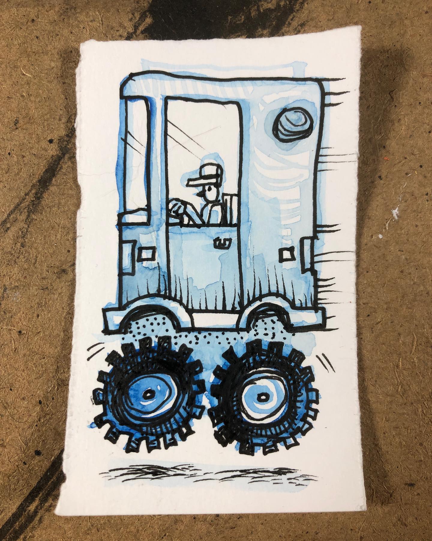 Ink and watercolor drawing of a very tall van with off-road wheels speeding above the ground