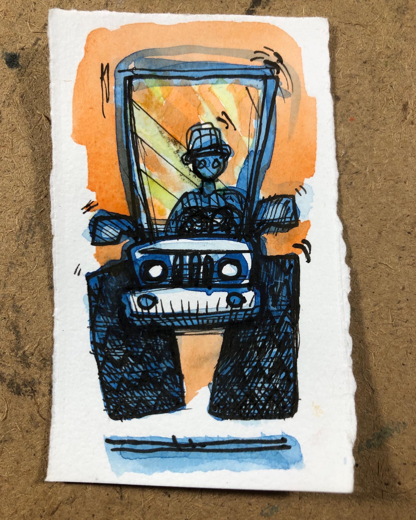 Ink and watercolor artwork of a big-wheeled truck bouncing toward you in the sunset