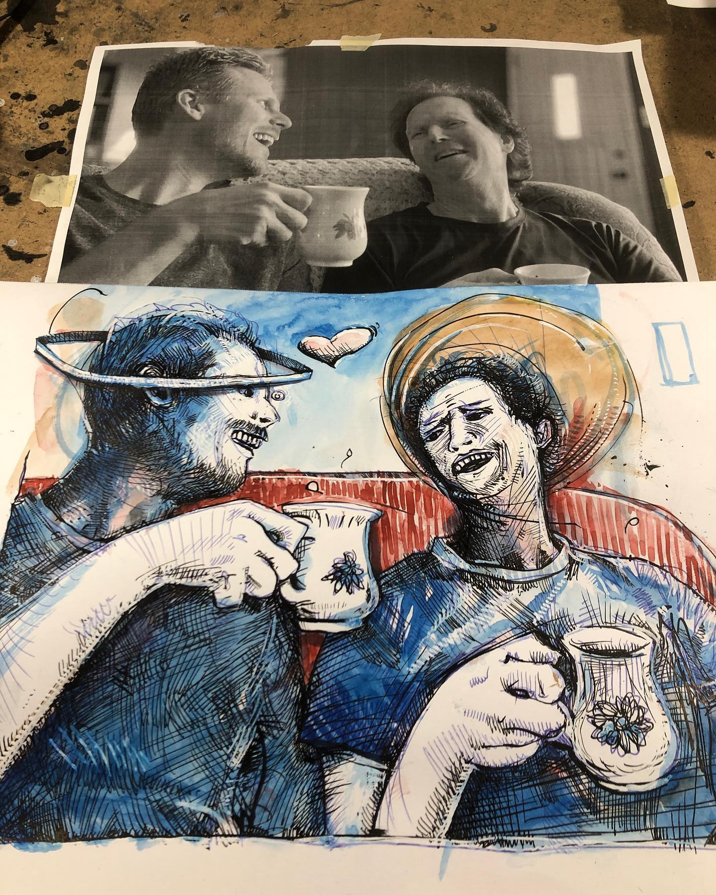 Watercolor and ink drawing of the two members of the Gush band Norwegian Soft Kitten enjoying some tea and laughing heartily
