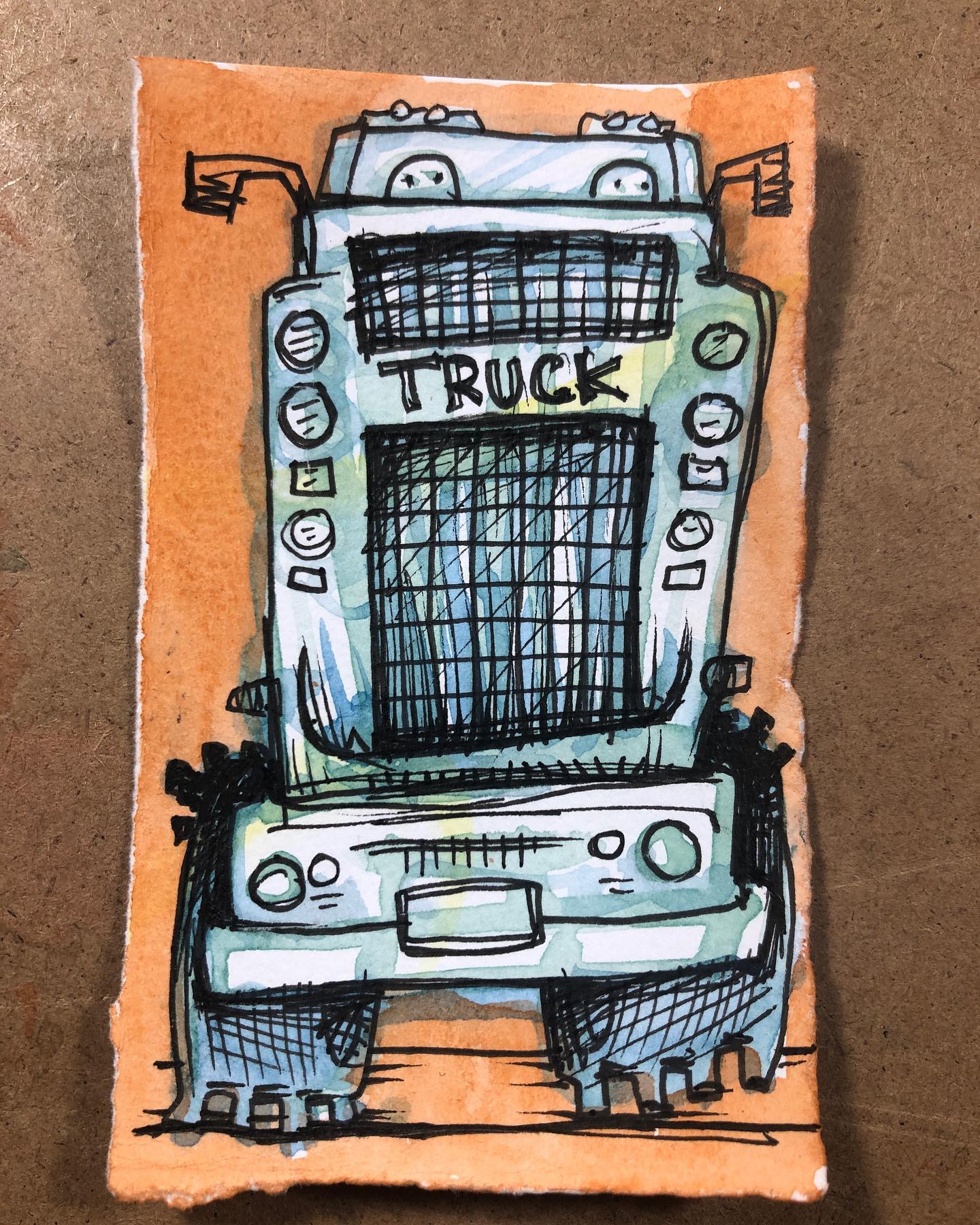 TRUCK - Ink and Watercolor drawing of a ridiculously oversized pickup truck grille