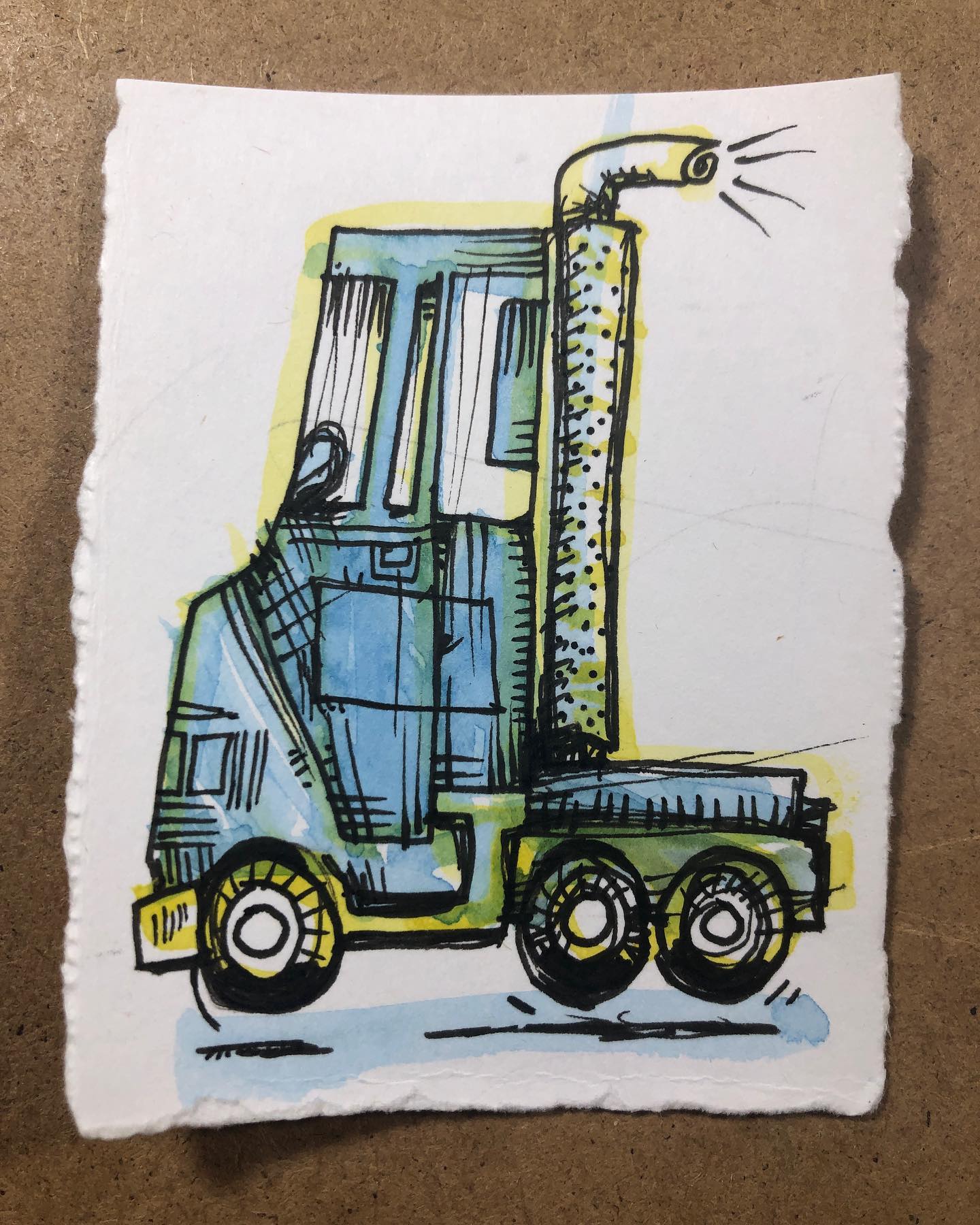 Bobtailin' - Ink and Watercolor drawing of a big rig truck in profile with no trailer