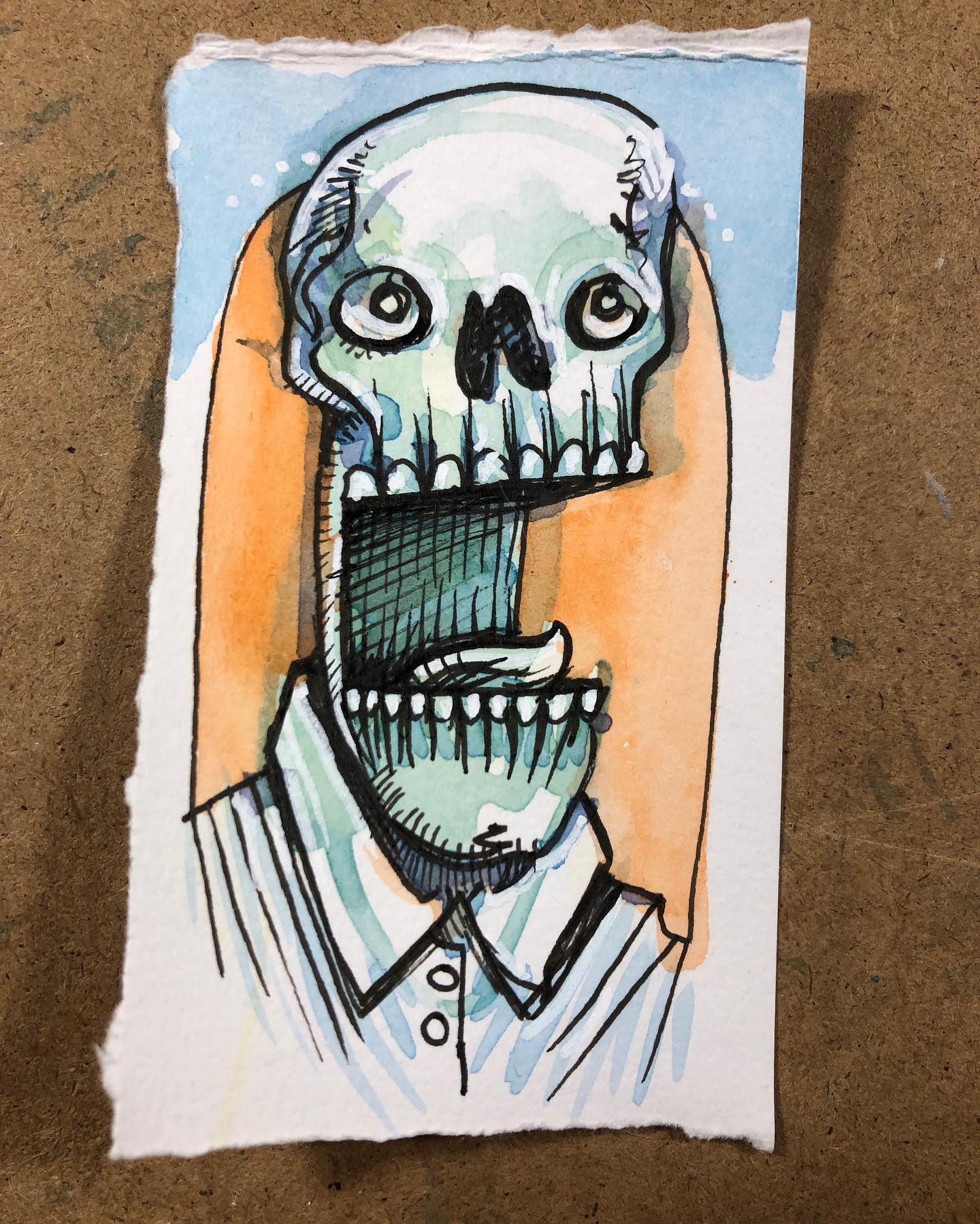 Ink and Watercolor drawing of a skull-faced Doctor Obstacle