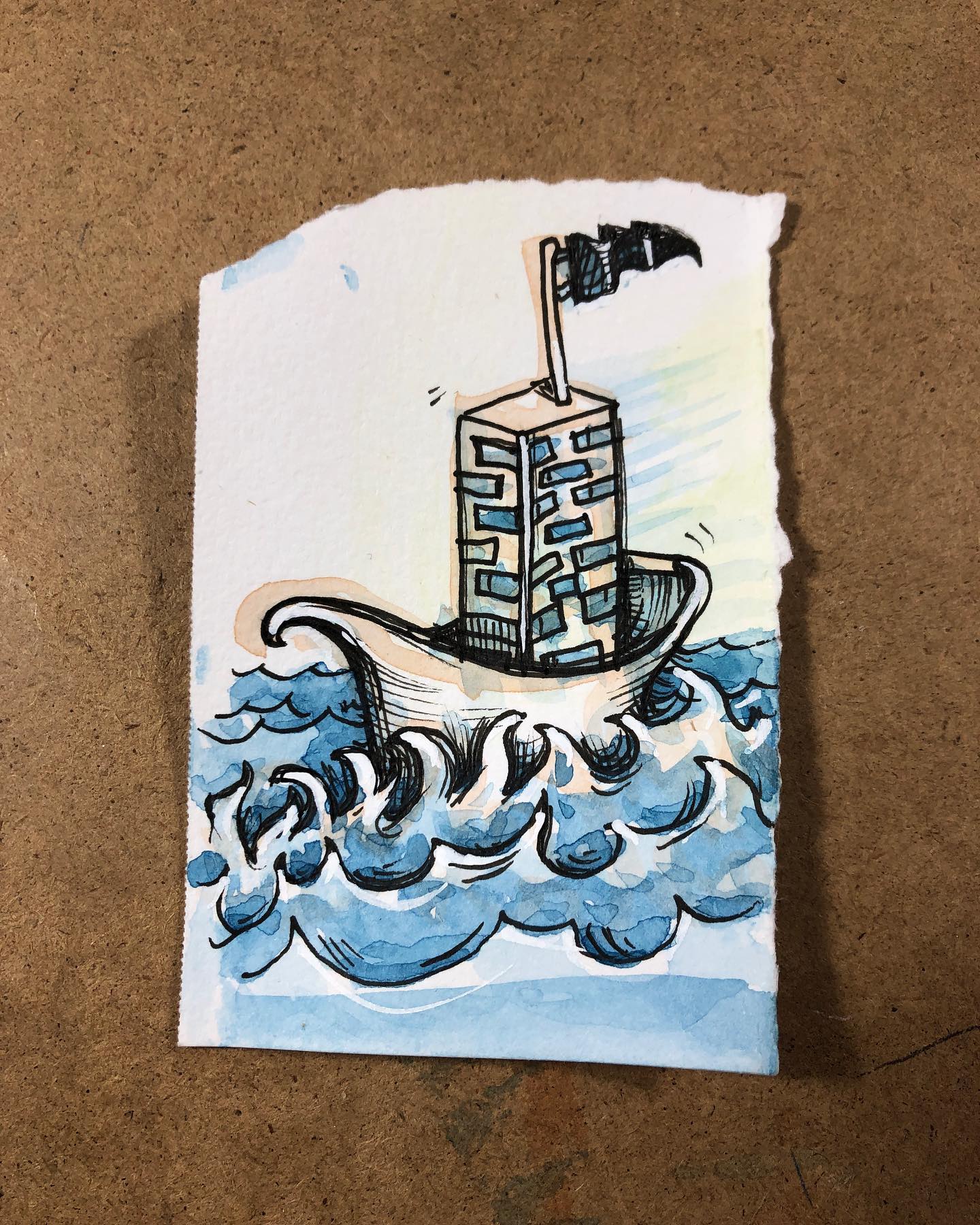 Multi-Level Sea Vessel - ink and watercolor drawing of a top-heavy boat in rough seas
