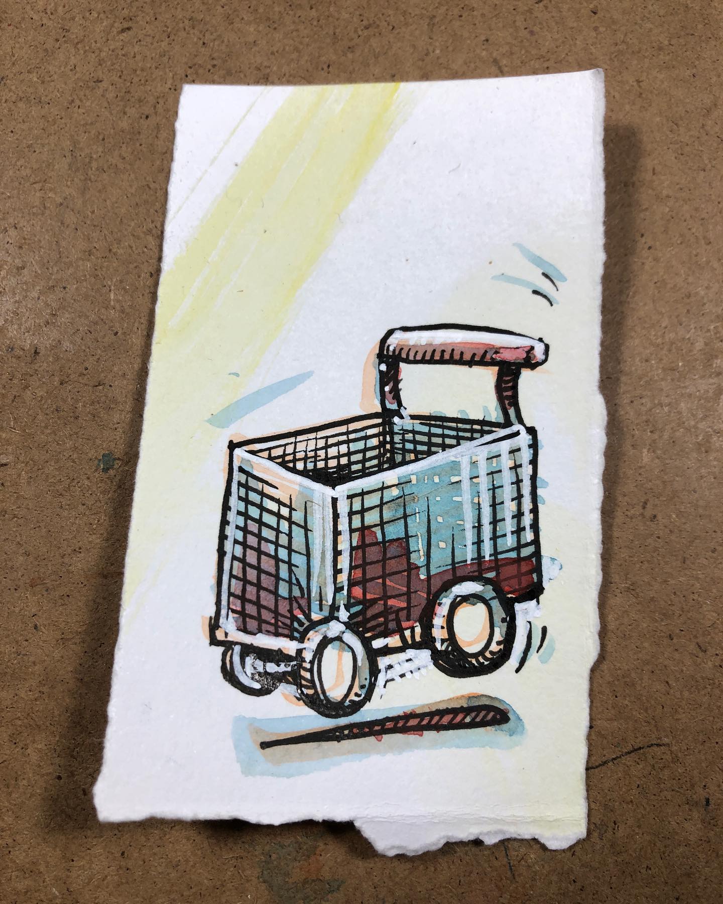 Jankey watercolor/ink drawing of a bouncing shopping cart