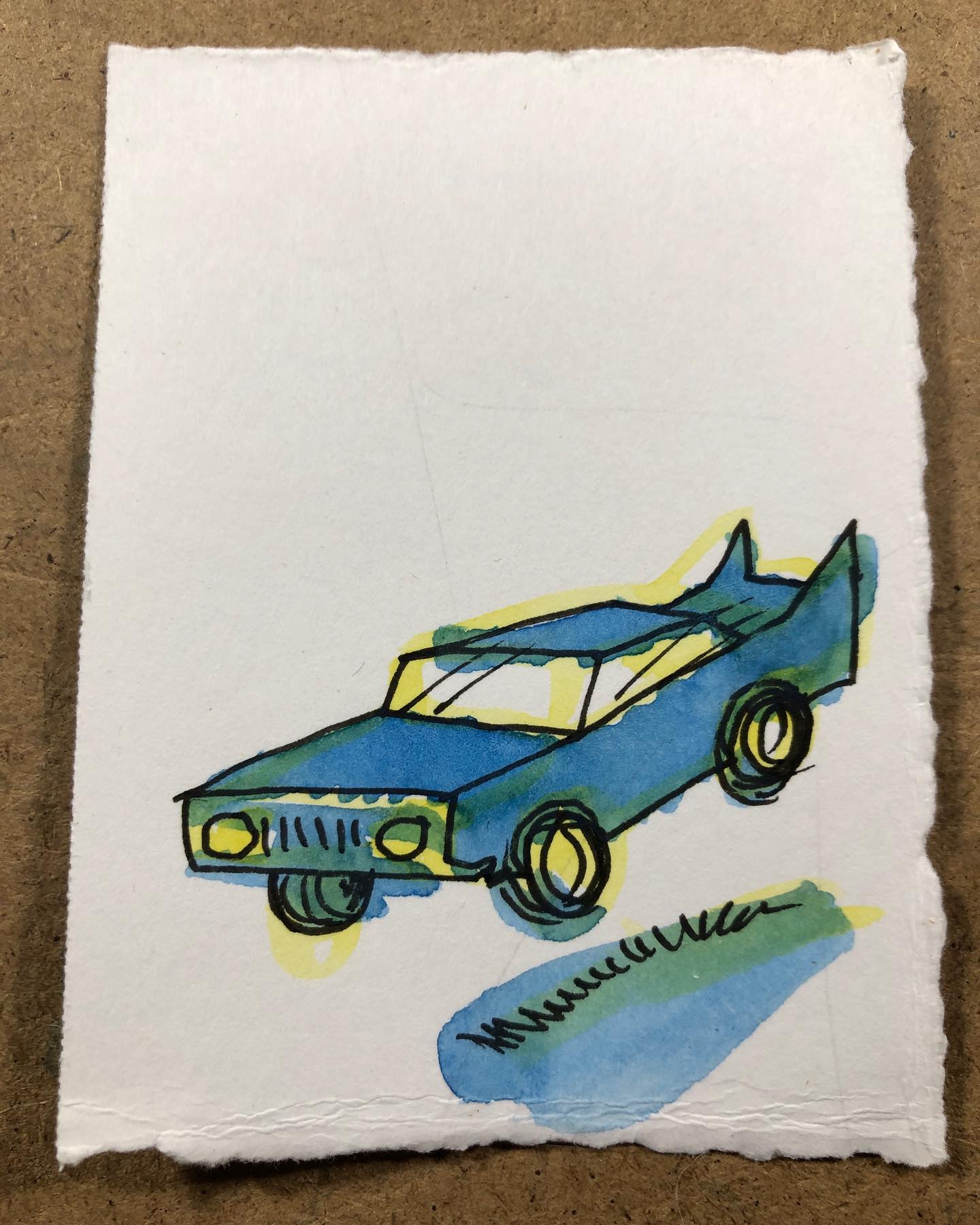Watercolor and ink drawing of a bouncing big-body car from the late 1970s or so