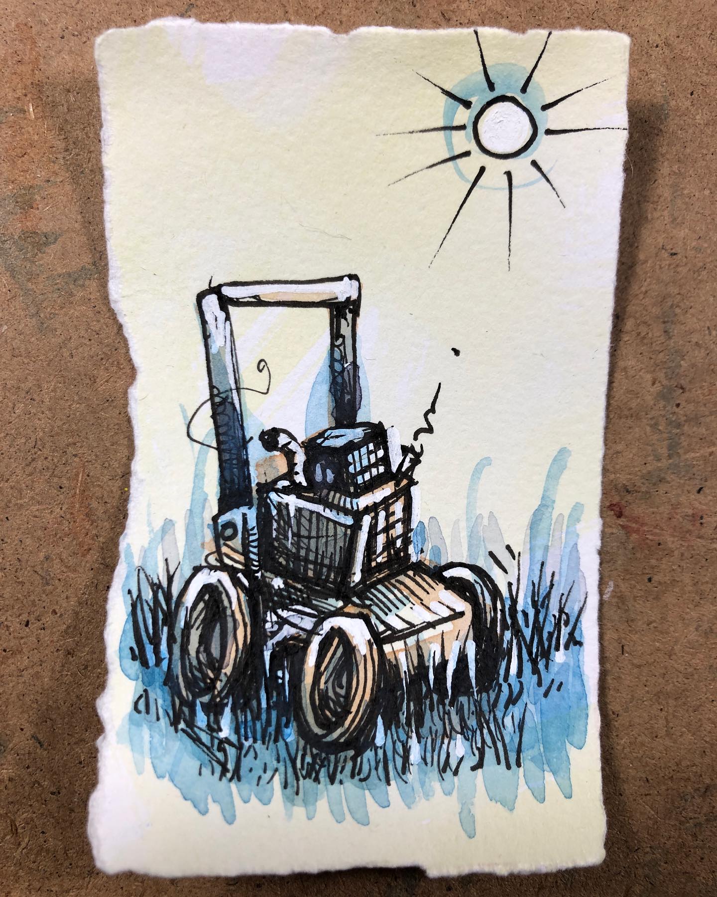 Ink and watercolor drawing of a funky lawn mower