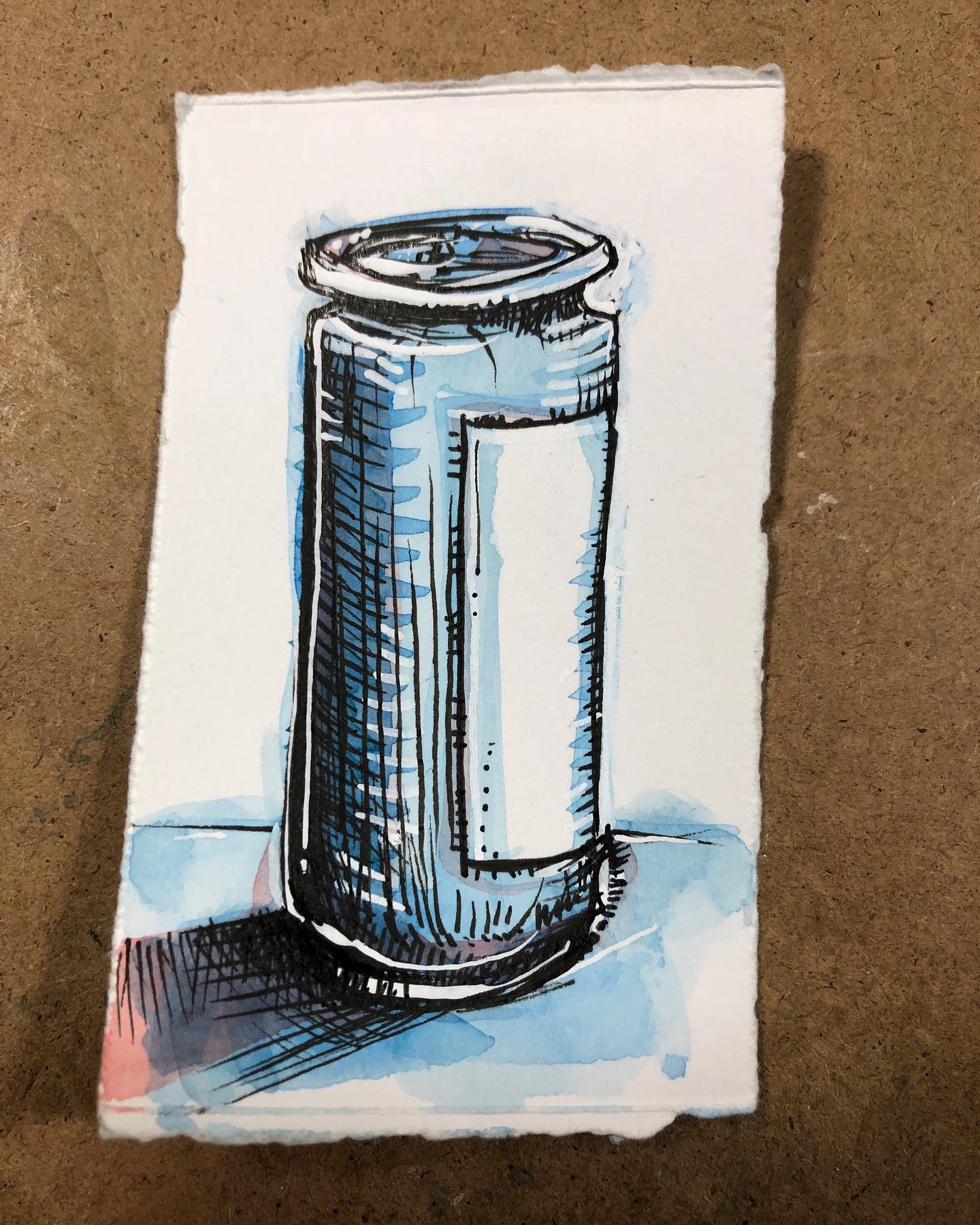 Ink and watercolor drawing of a tall aluminum can