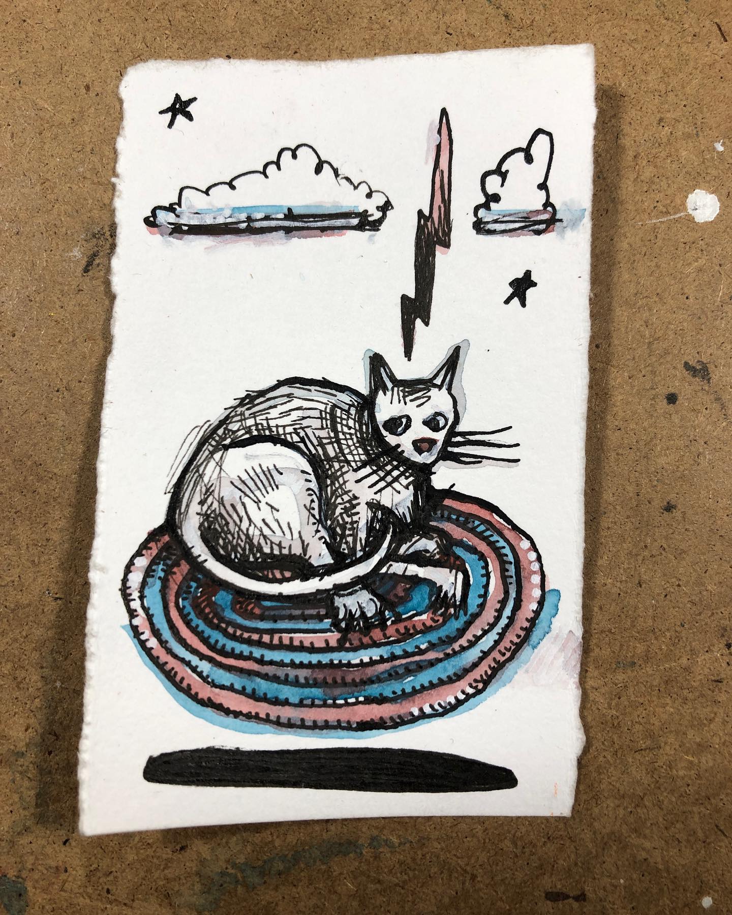 Ink and watercolor drawing of a cat riding a floating rug with a storm and stars above and behind his head