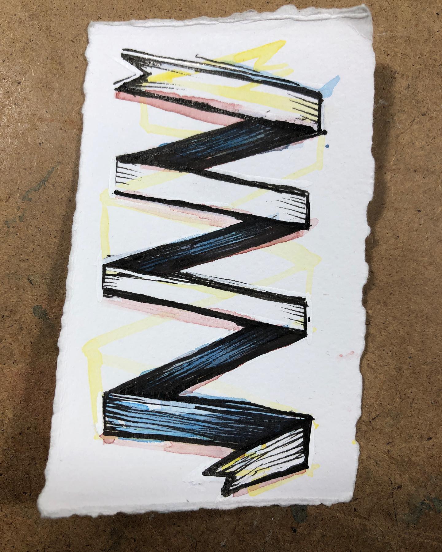 An ink and watercolor drawing of an angular ribbon with four zigs and four zags