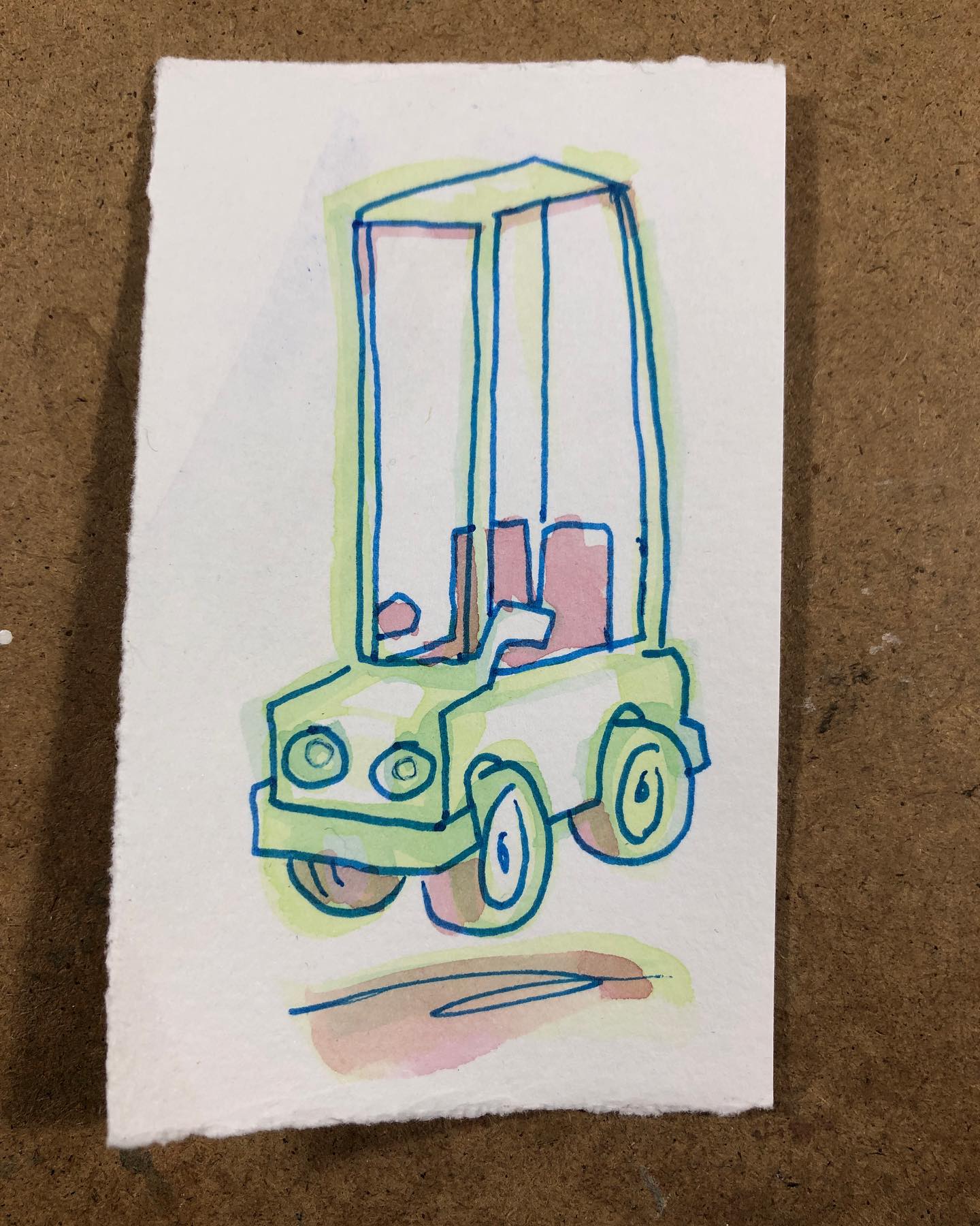 Simple blue ink drawing of a very tall and bouncing driver-less car with light green and pink details