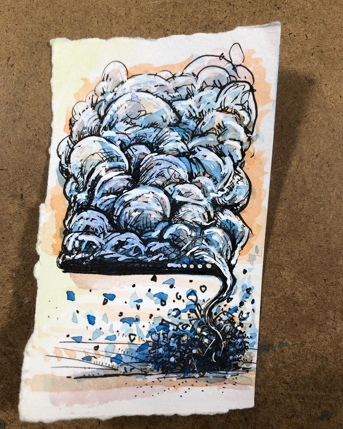 An ink and watercolor drawing of a very compact tornado