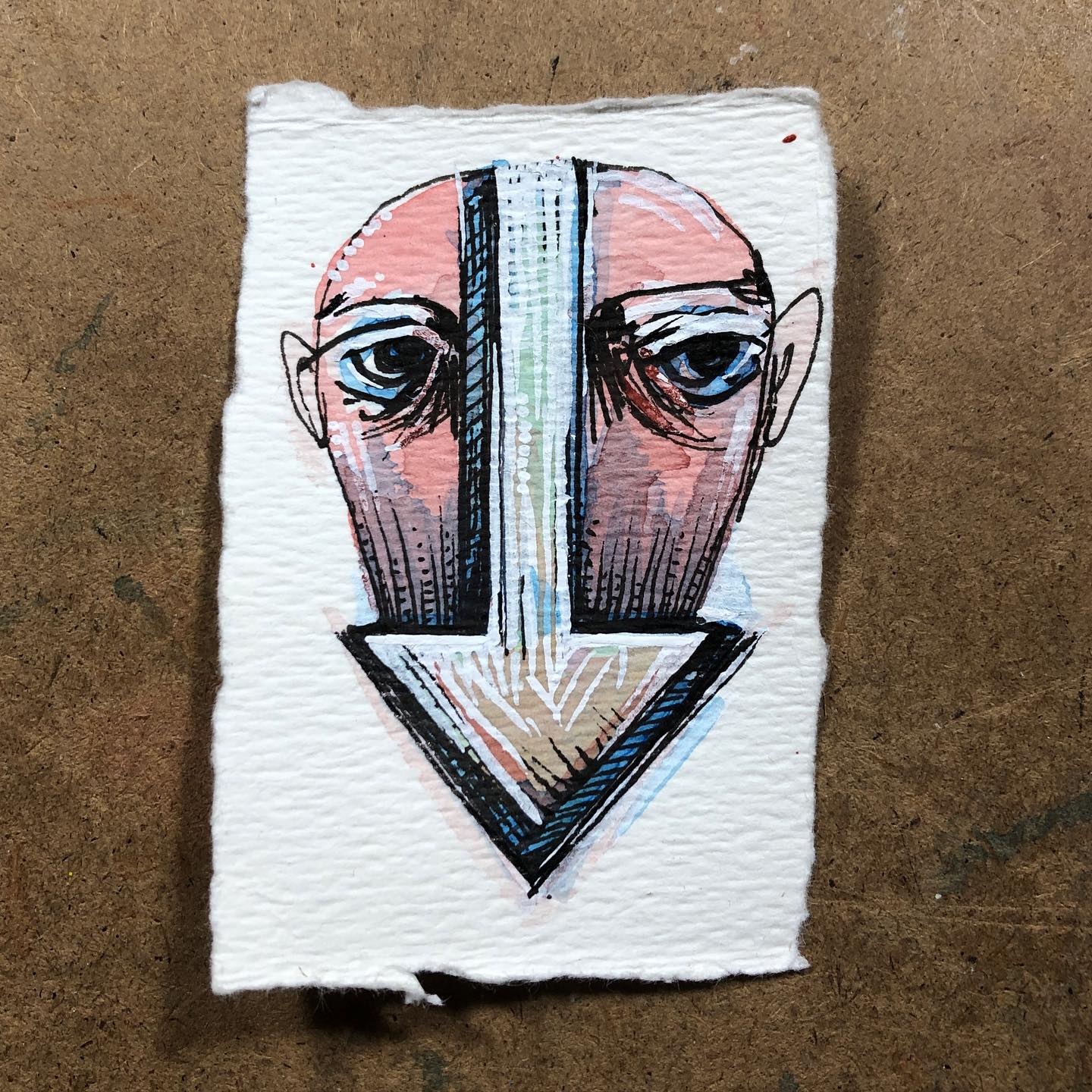 Ink and watercolor drawing with a downward-facing arrow in front of a bald male head