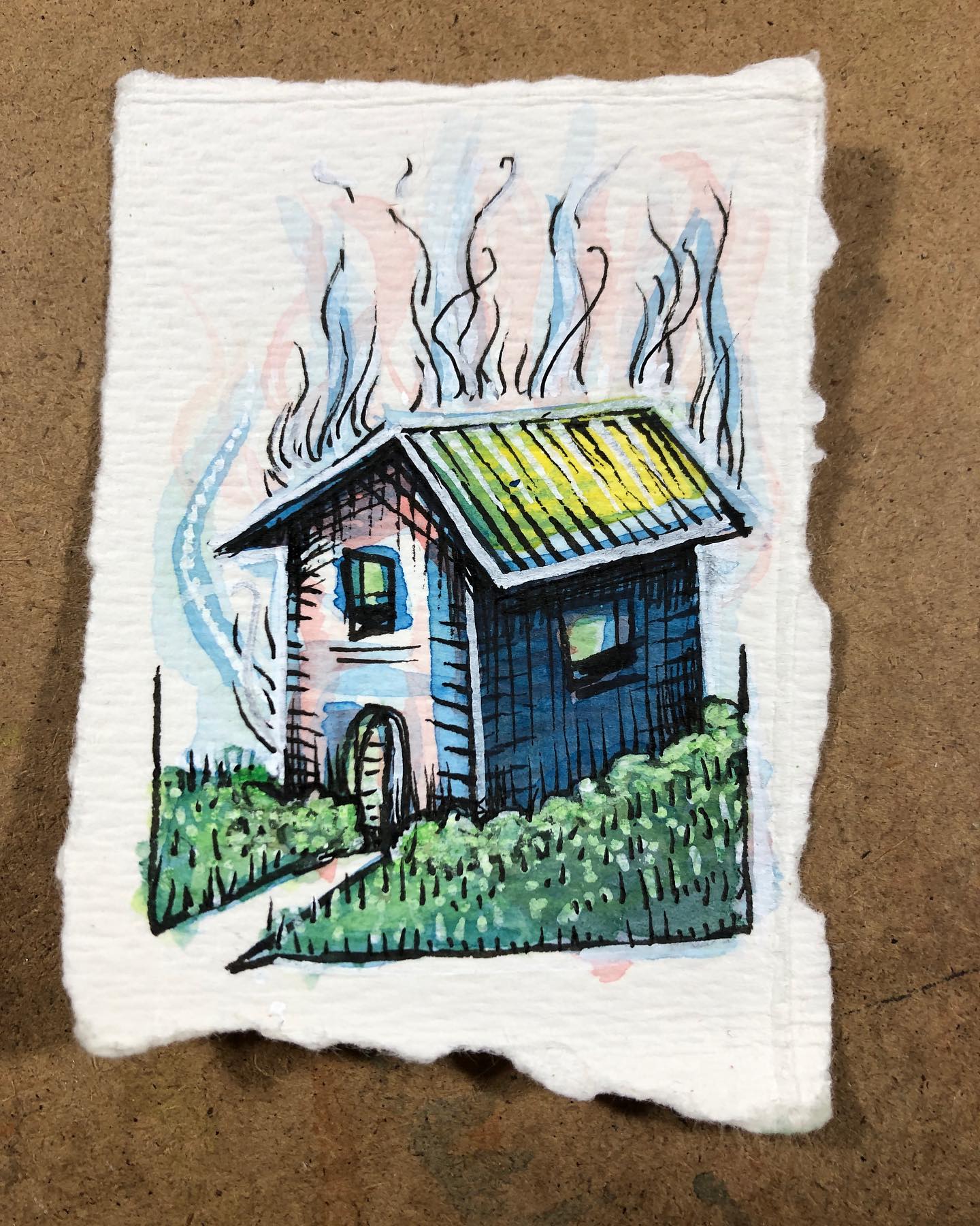 Watercolor and ink drawing of a simple house with a green yard and front bushes and very subtle flames emanating from its rooftop