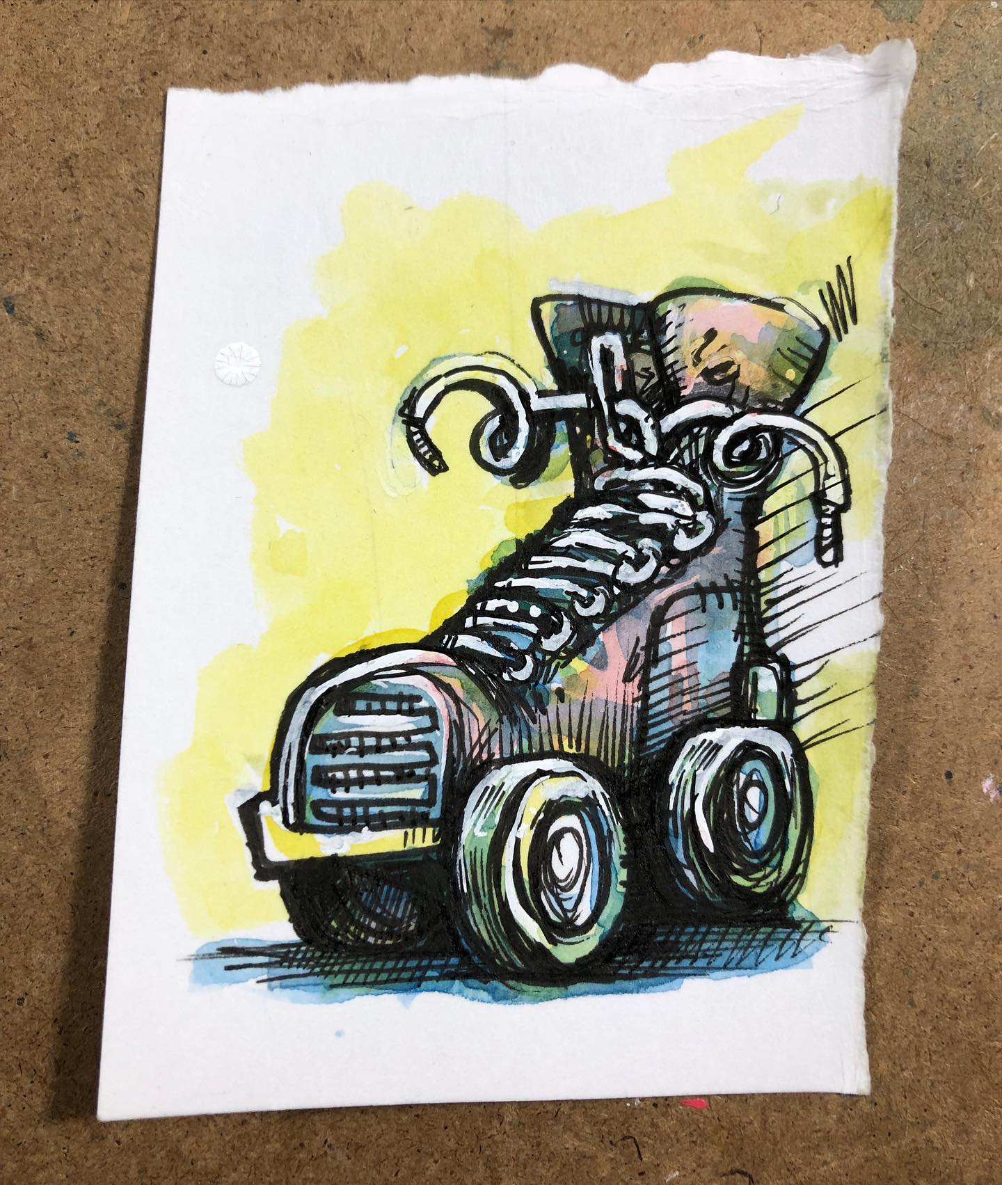 Ink and watercolor drawing of a single roller-skate with no front bumper mechanism