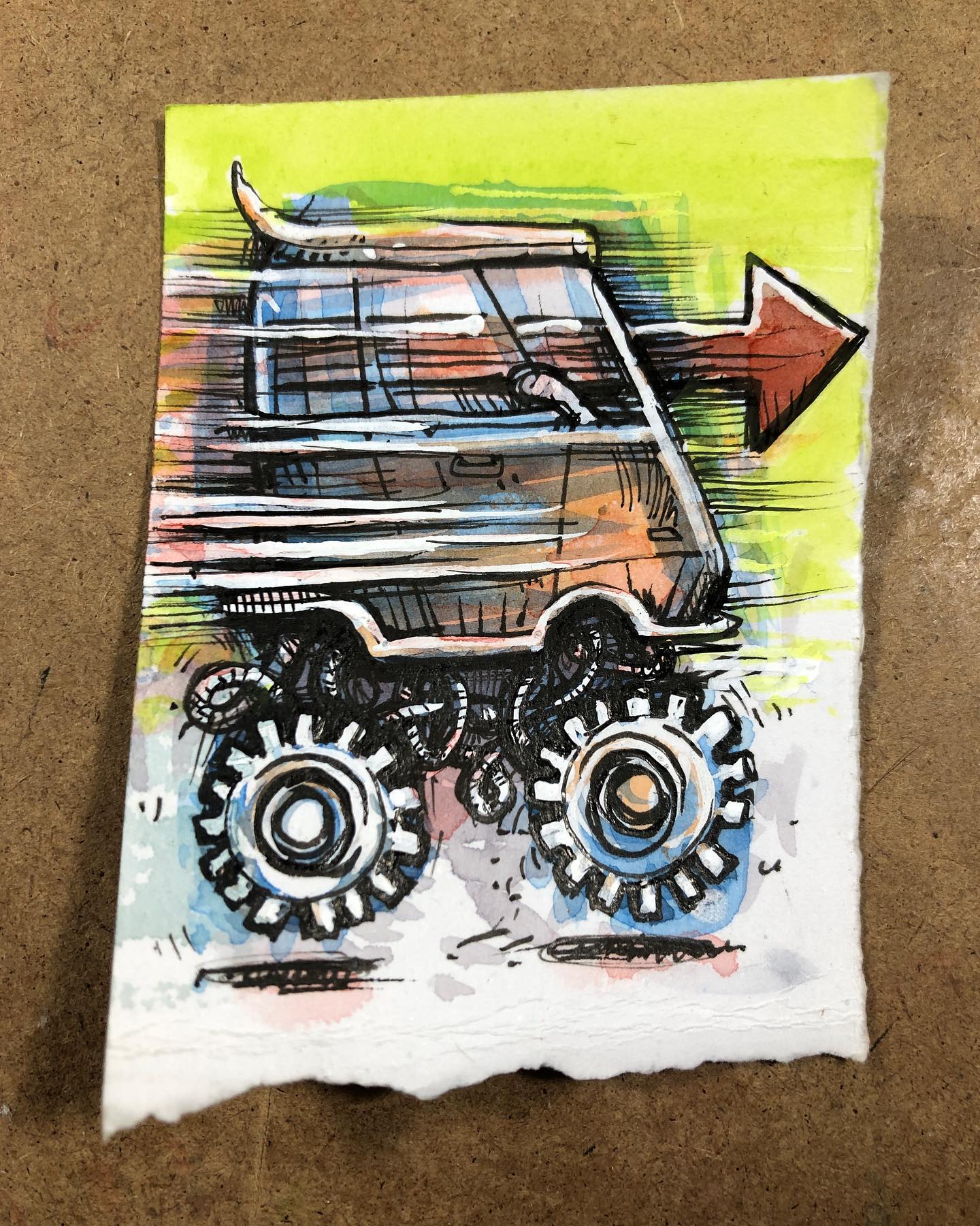 Ink and watercolor drawing of a bouncy off-road truck with a spaghetti undercarriage shock system heading right off the page