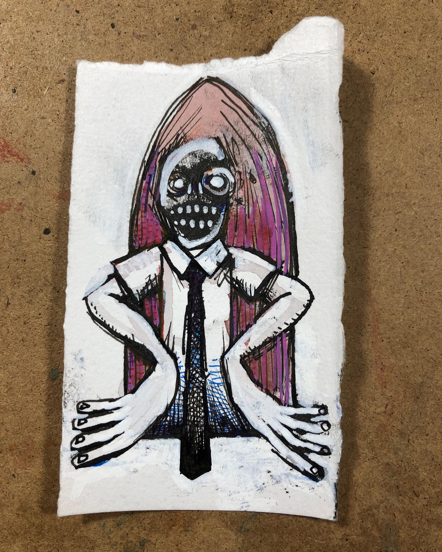 Skull dude with a tie and two opposite wing hands peeking through a red/purple window