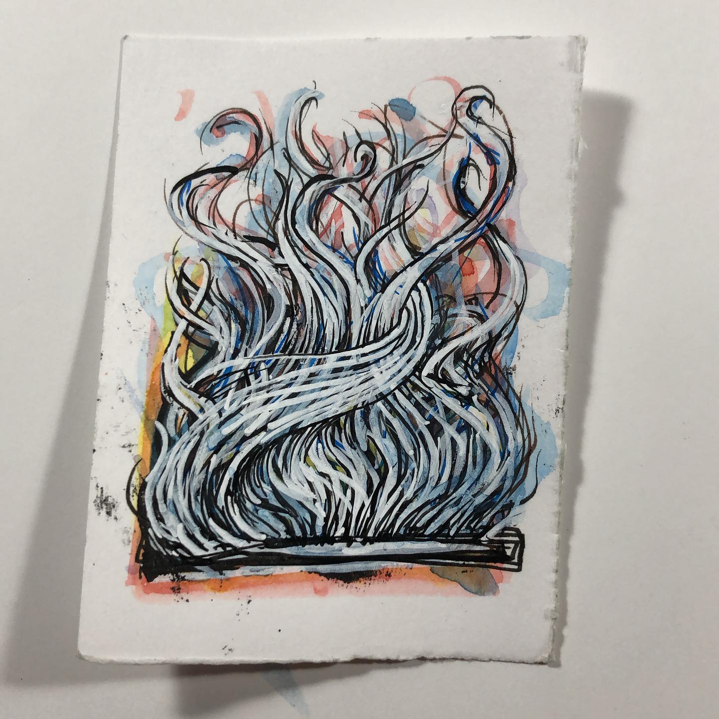 Ink and watercolor drawing of a few hair-like wisps ascending into the sky