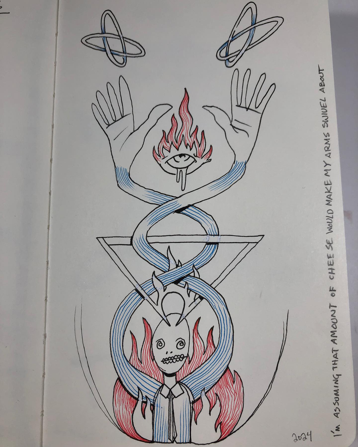 Ink drawing in black, red, and blue. Symmetrical figure with arms raised and twisted in an undulating formation.