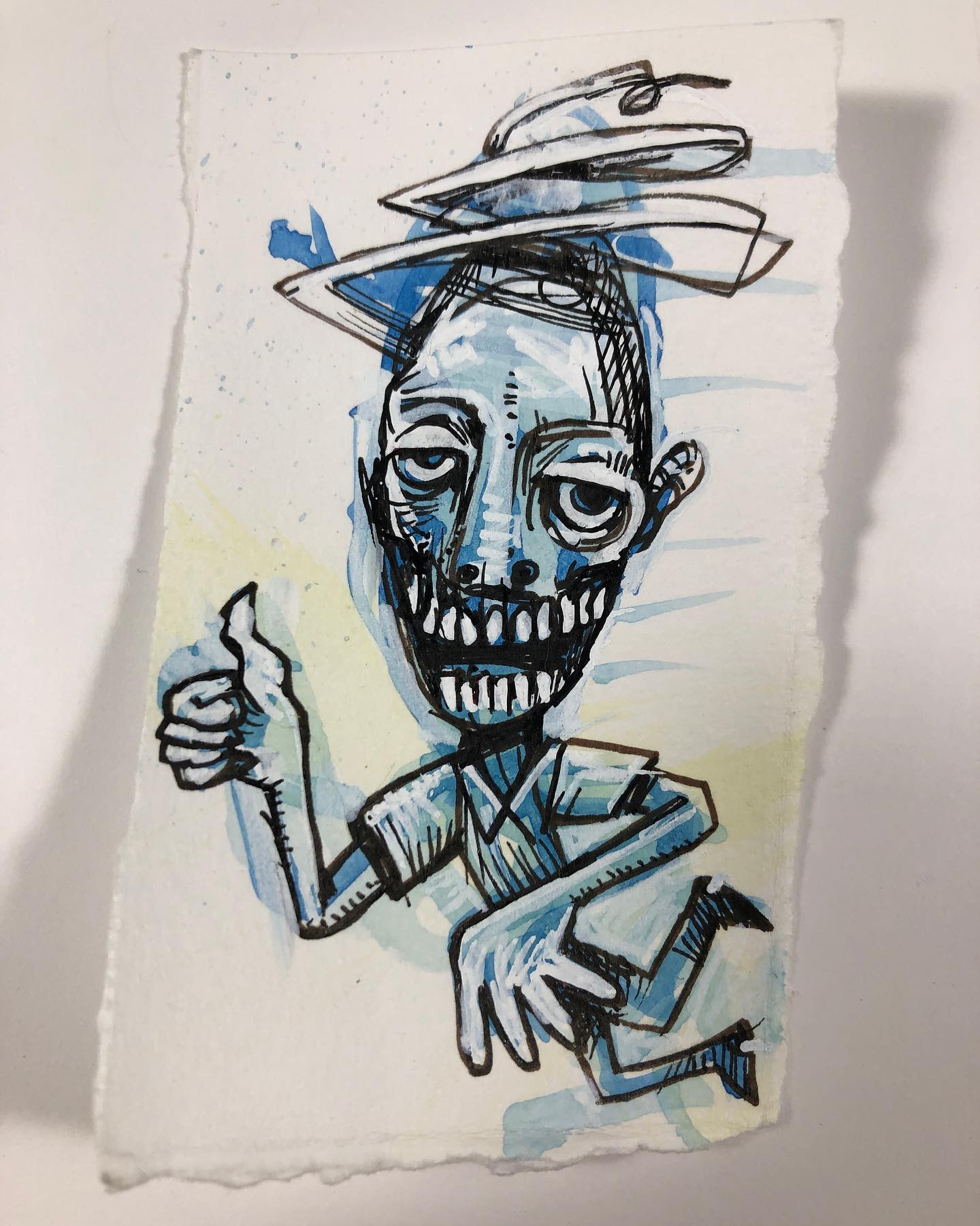 Ink and watercolor of a relatively creepy-lookin dude jumping in front of you with a thumbs-up