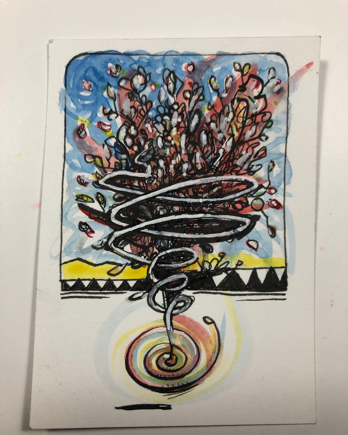 It's a Festival! Watercolor drawing of swirly explosive corkscrew tornado-like activity.