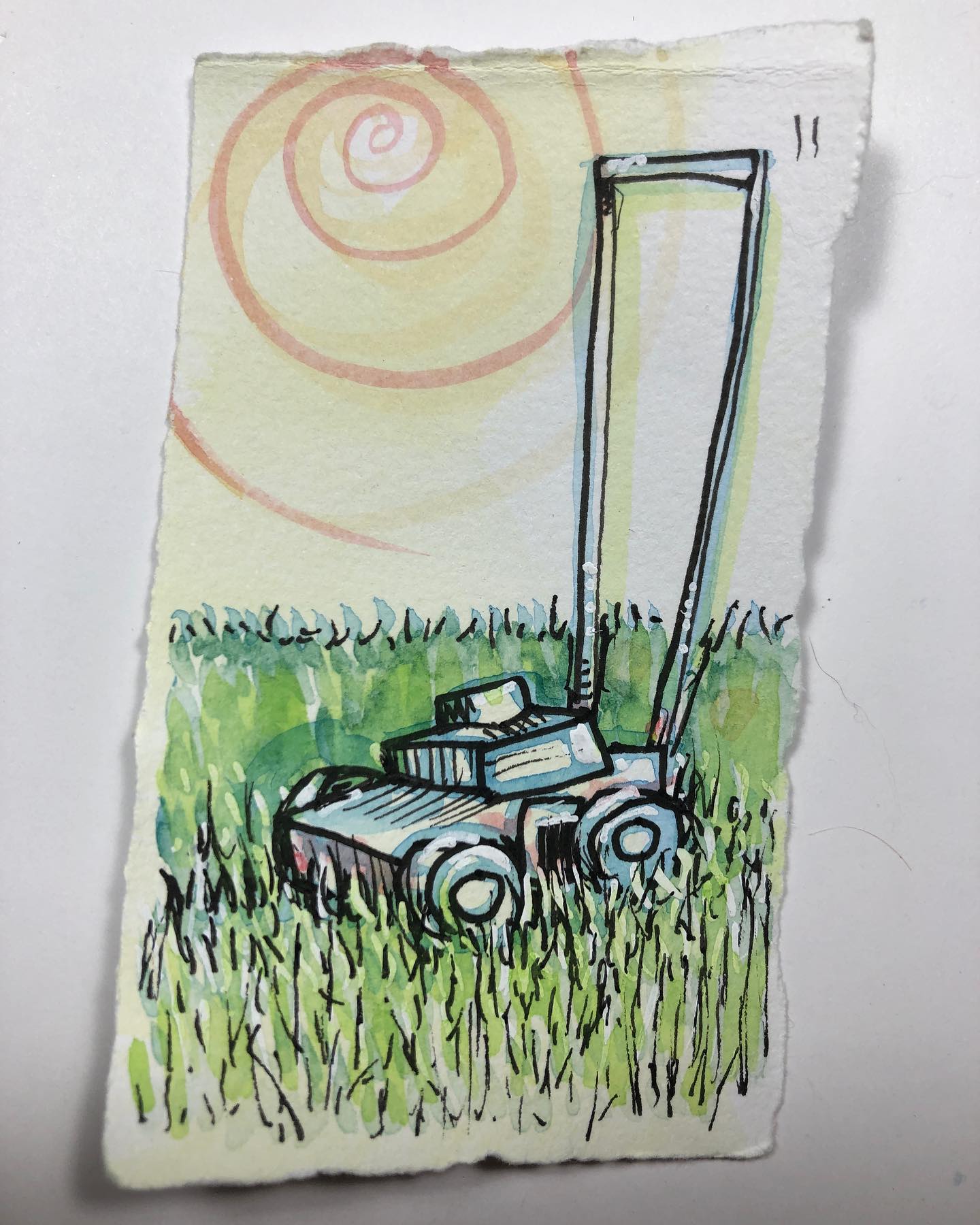 A four-wheeled push lawnmower with high handles in a bed of grass with the sun shining upon all of it