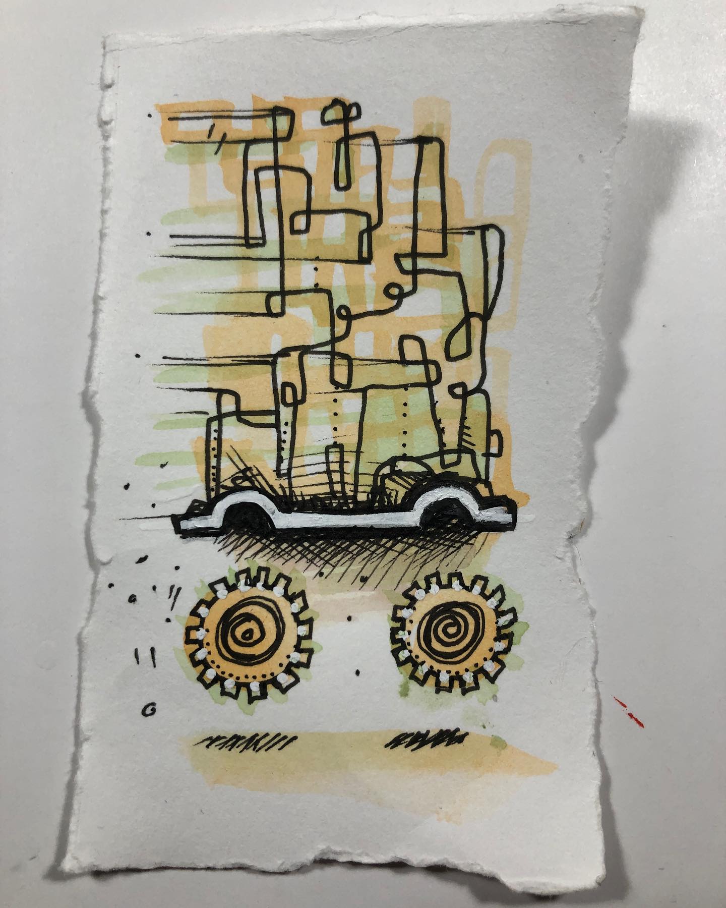 An ink and watercolor drawing about a squiggly line atop an off road vehicle chassis and wheels