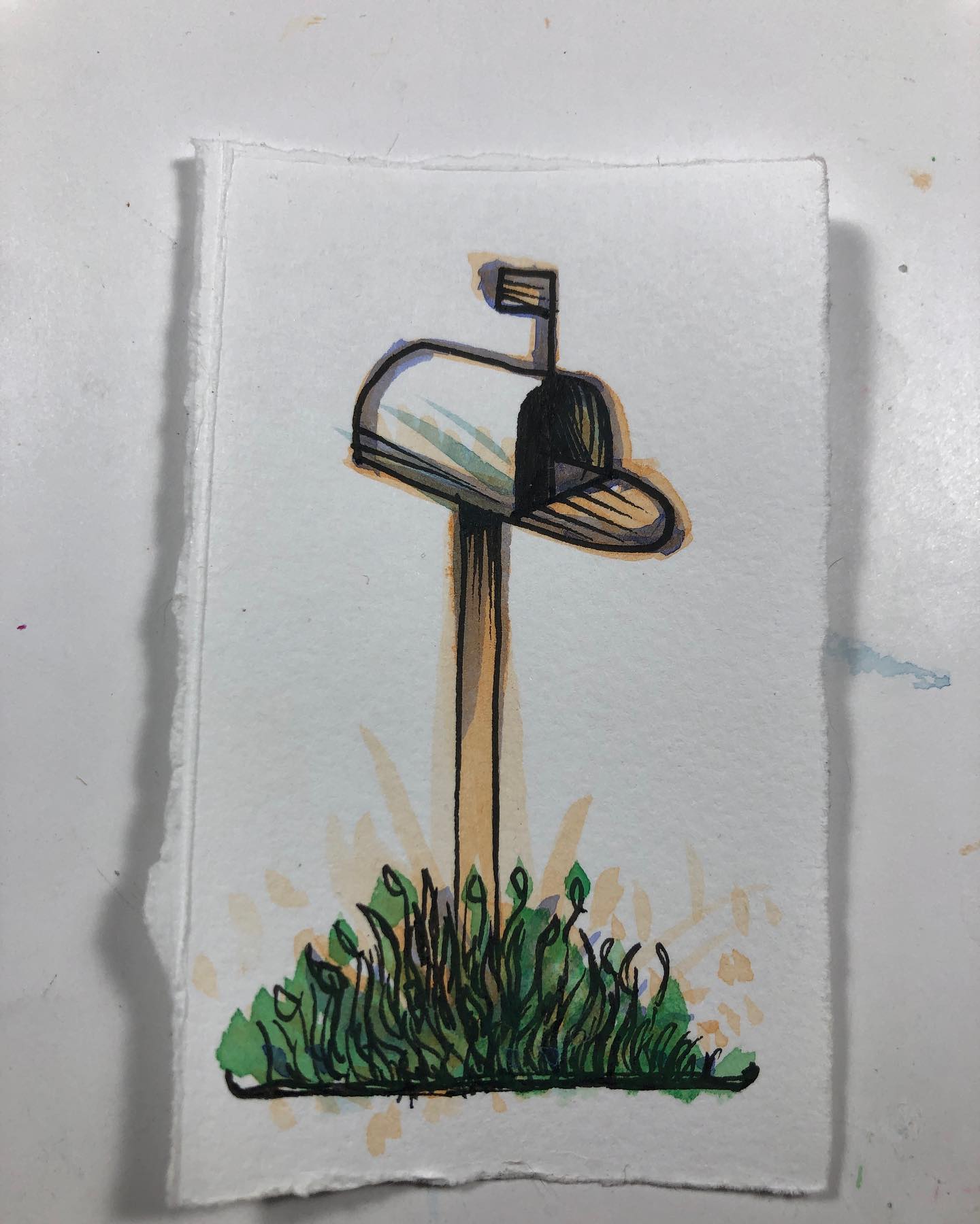 An ink and watercolor drawing of a roadside mailbox