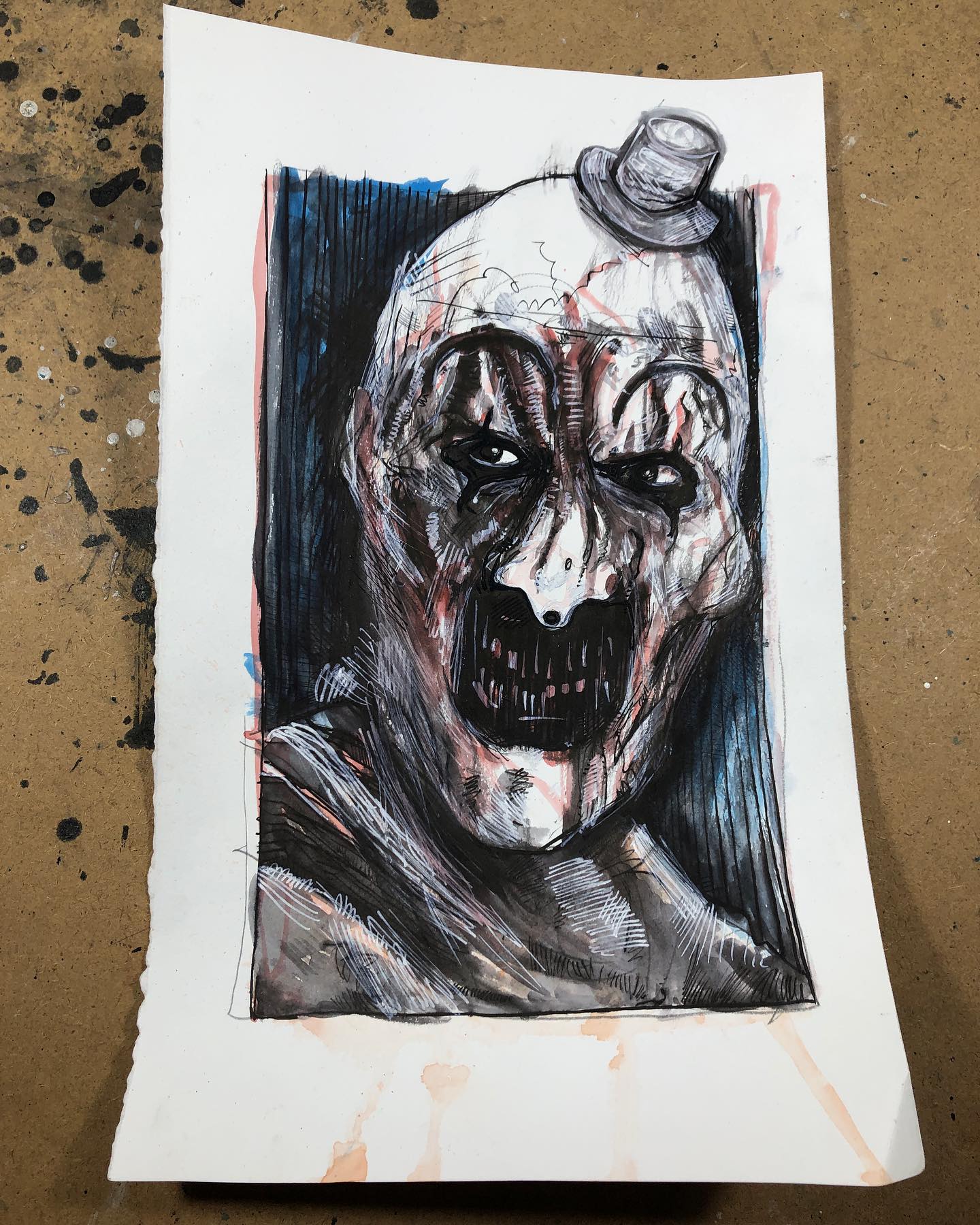 Ink and watercolor drawing of Art The Clown from the TERRIFIER series