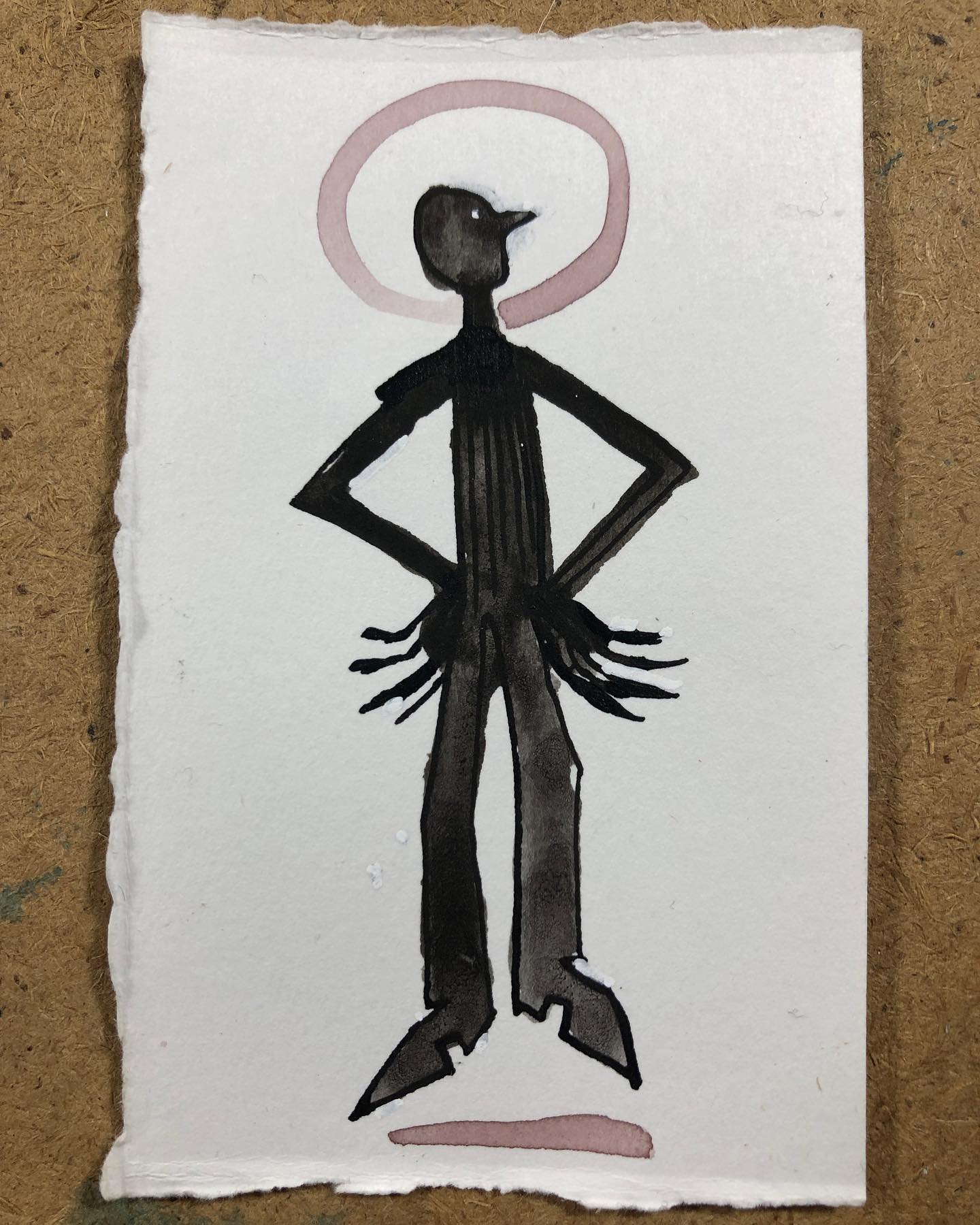 Silhouette - dark watercolor drawing of a man floating with halo