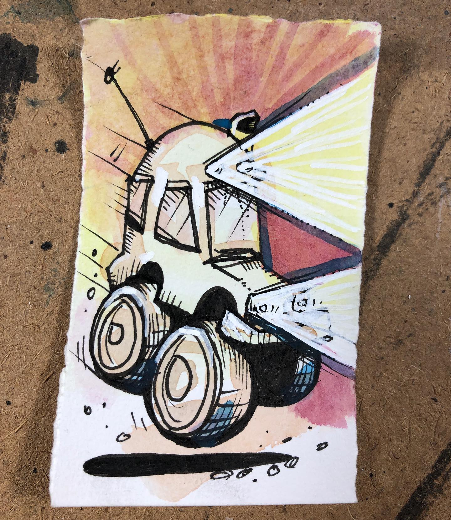 Ink and watercolor drawing of a big-wheeled off-road vehicle with a snorkel and a set of really bright headlights