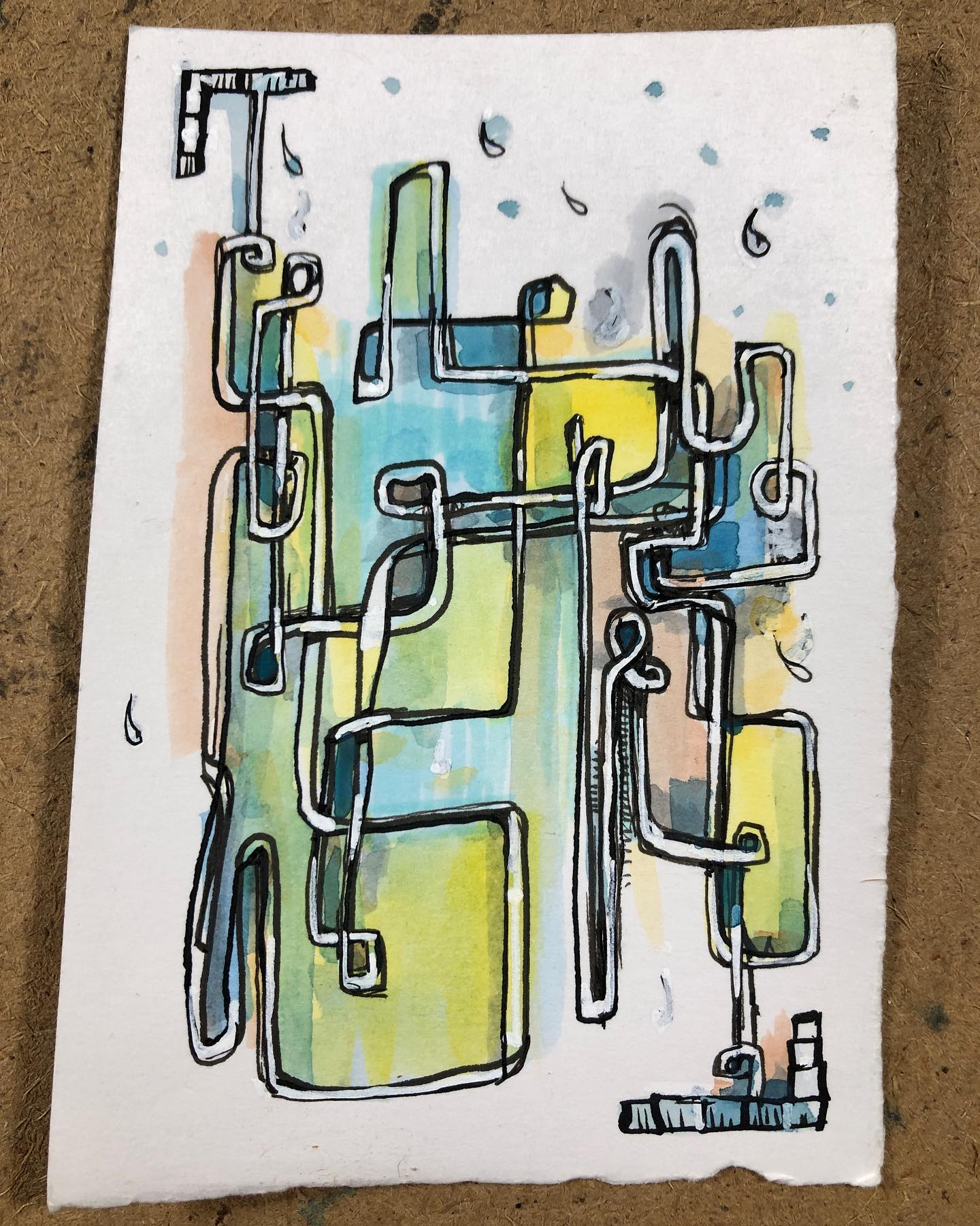 Ink and watercolor drawing of a black and white linear wire on a circuitous path with pastel blues and yellows as background colors