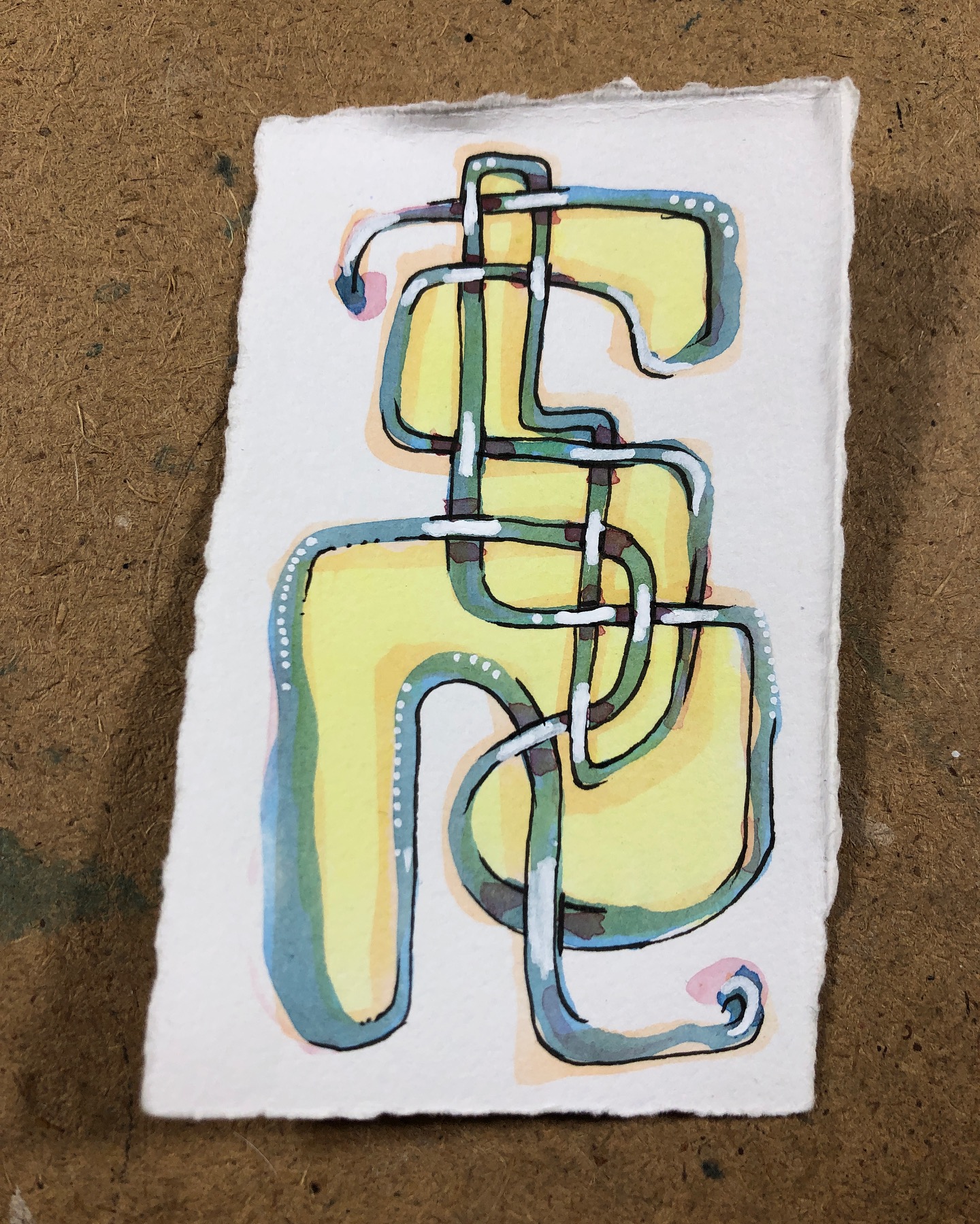 Ink and watercolor drawing of a single serpentine line in blue, black, and white with a bright yellow and white background