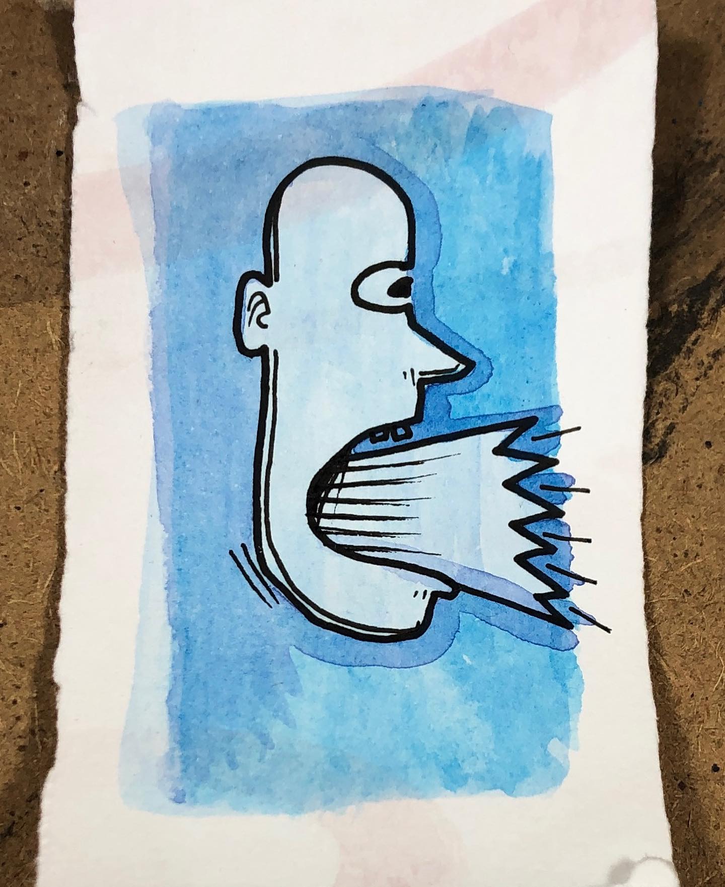 Ink and watercolor drawing of a head in profile with a blast exploding out the mouth