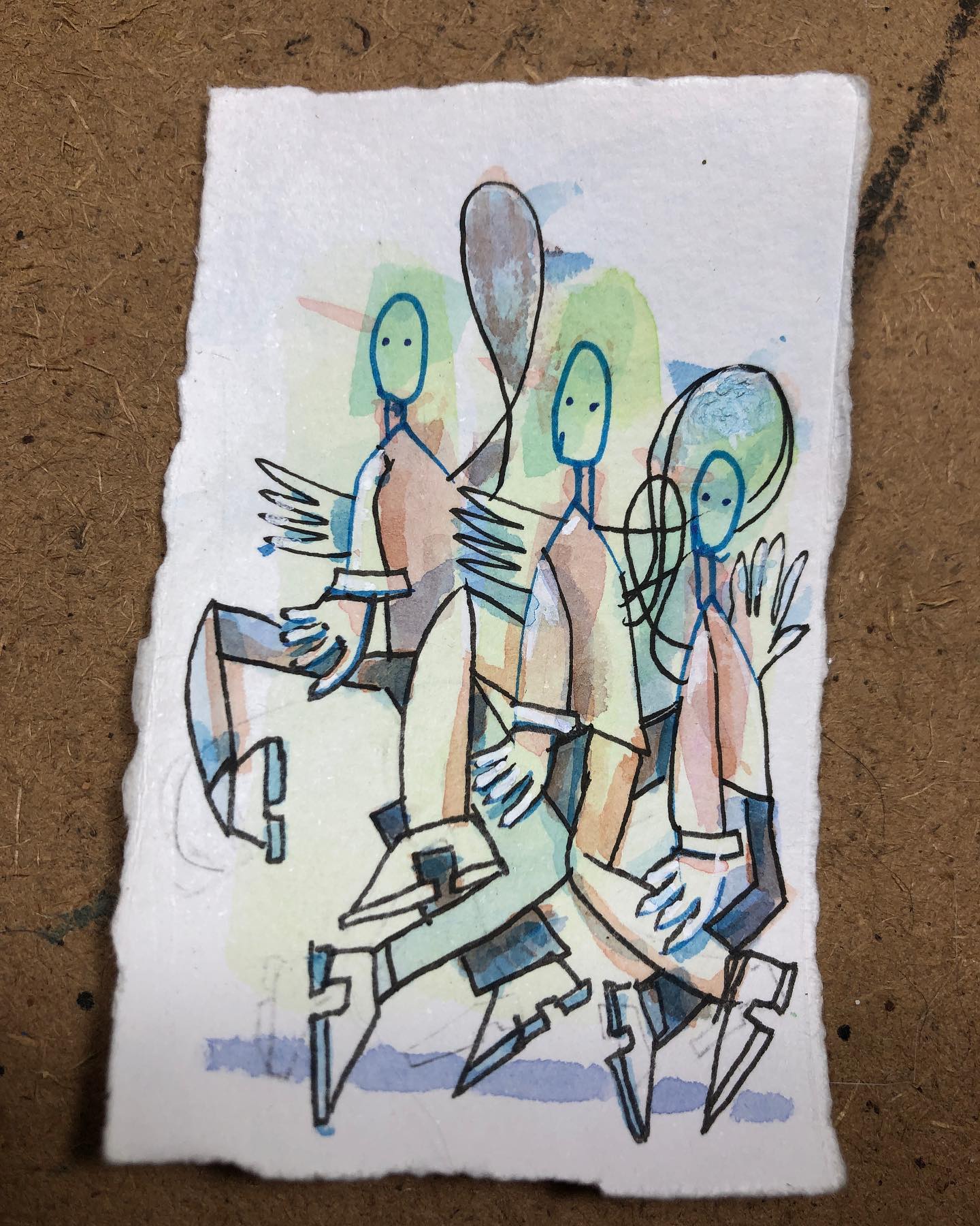 I Sleep and I See Dreams - ink and watercolor drawing of people dancing based on a cartoon panel in 'My Weekends' by Vladimir Zimakov in Bad Balance #5