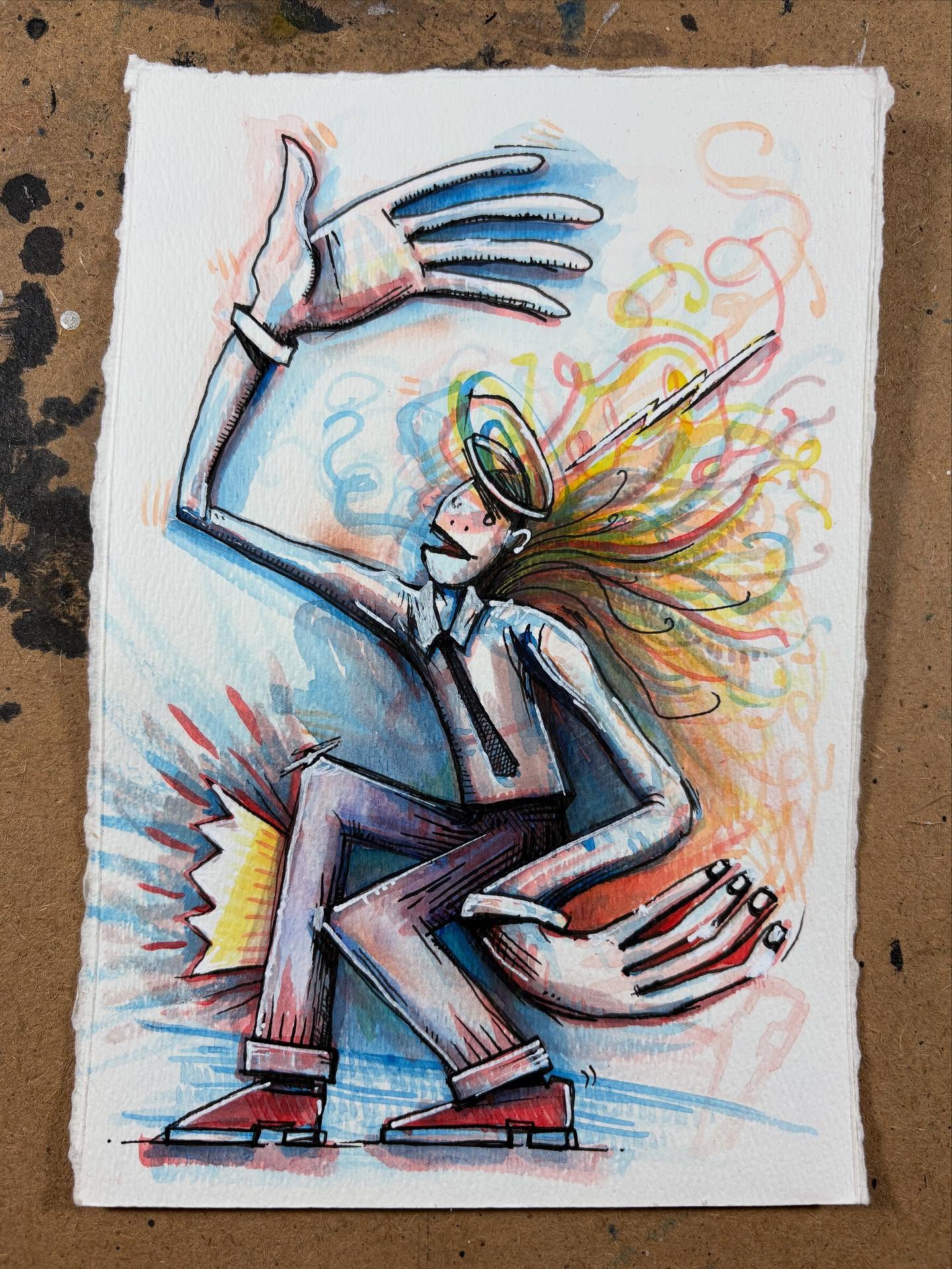 Ink and watercolor drawing of a long-limbed person dancing in a dangerous manner