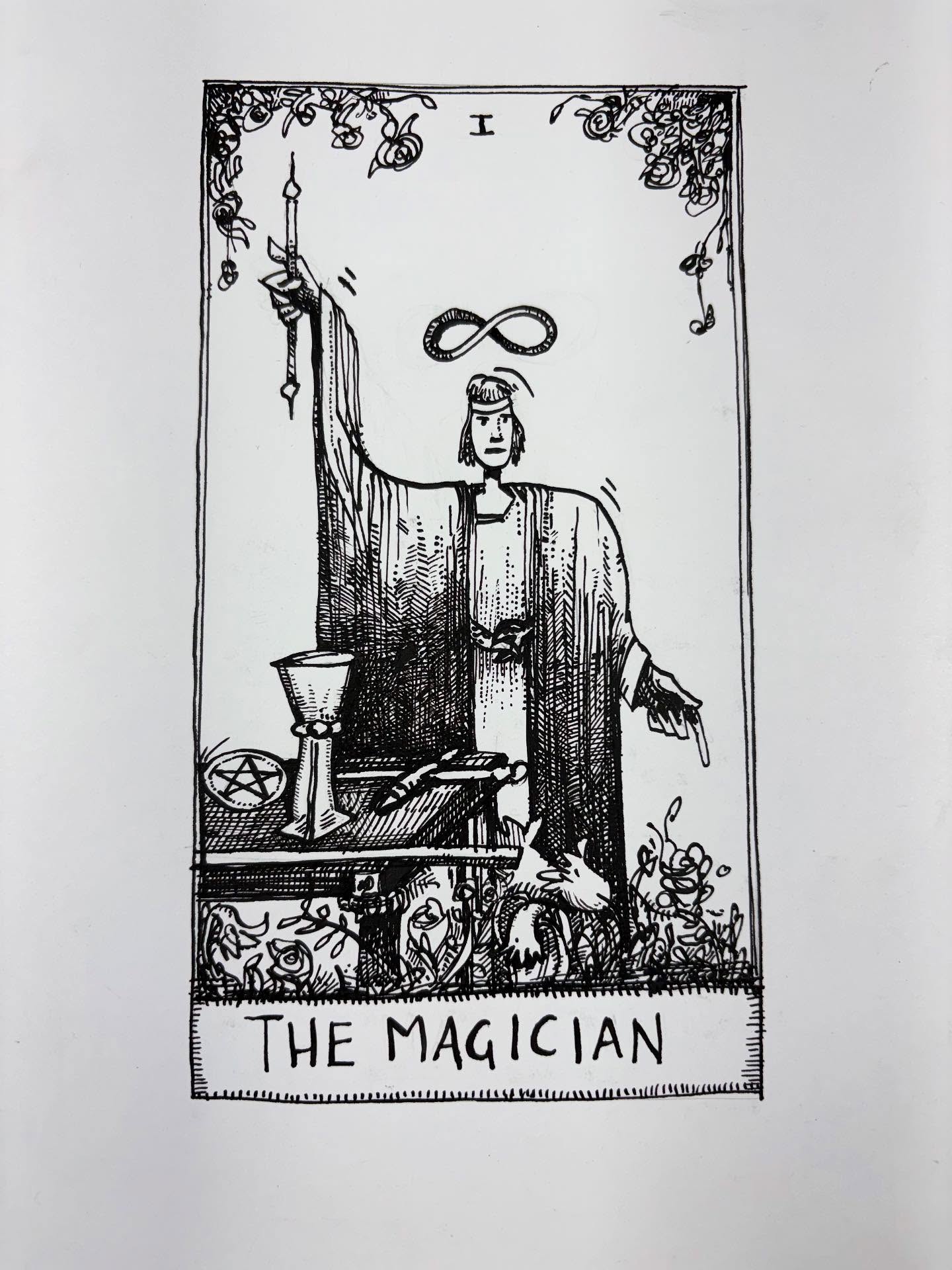 Tarot card ink drawing of The Magician